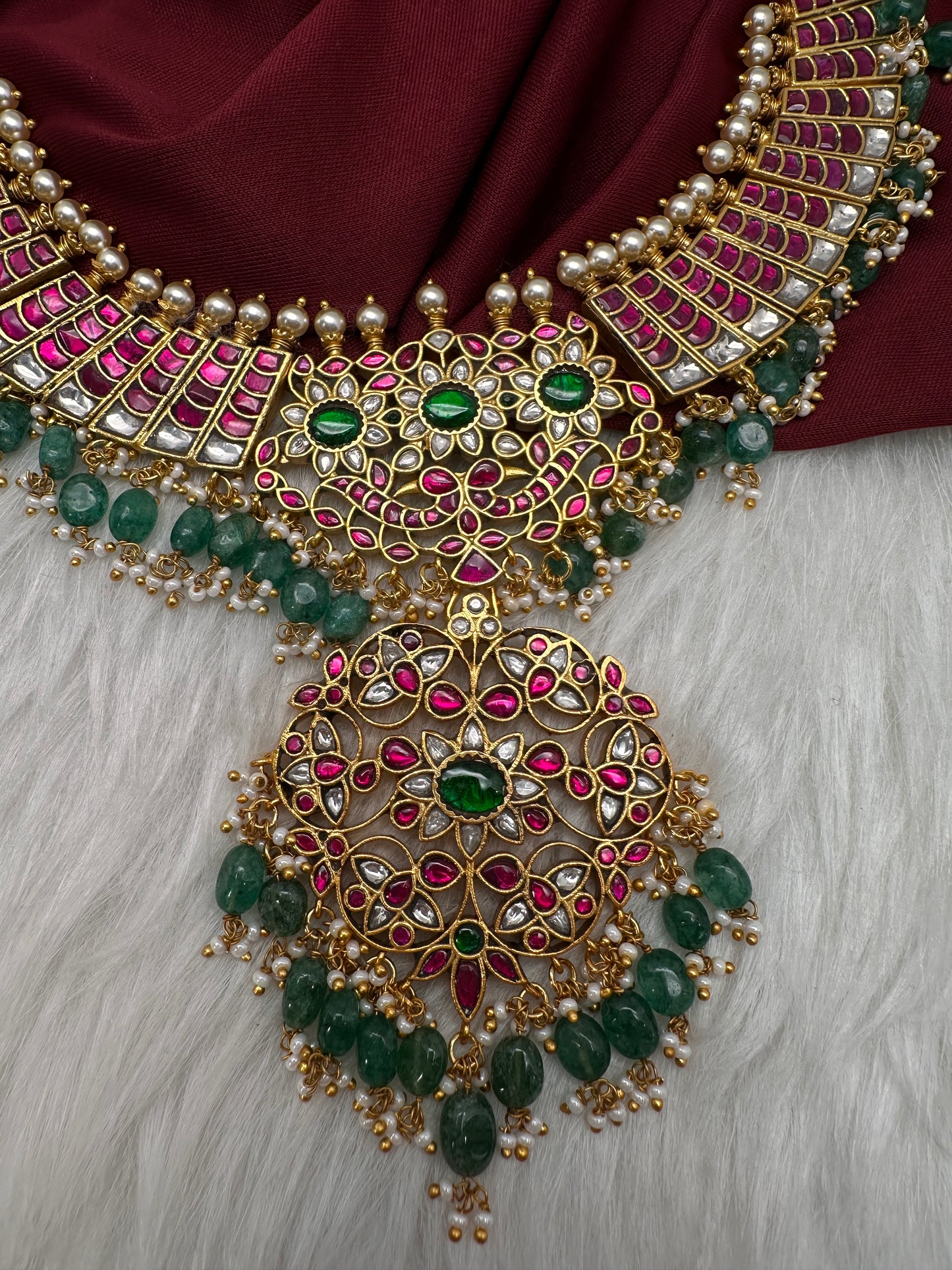 Jadau Kundan Neckline Necklace with Emerald Beads - 