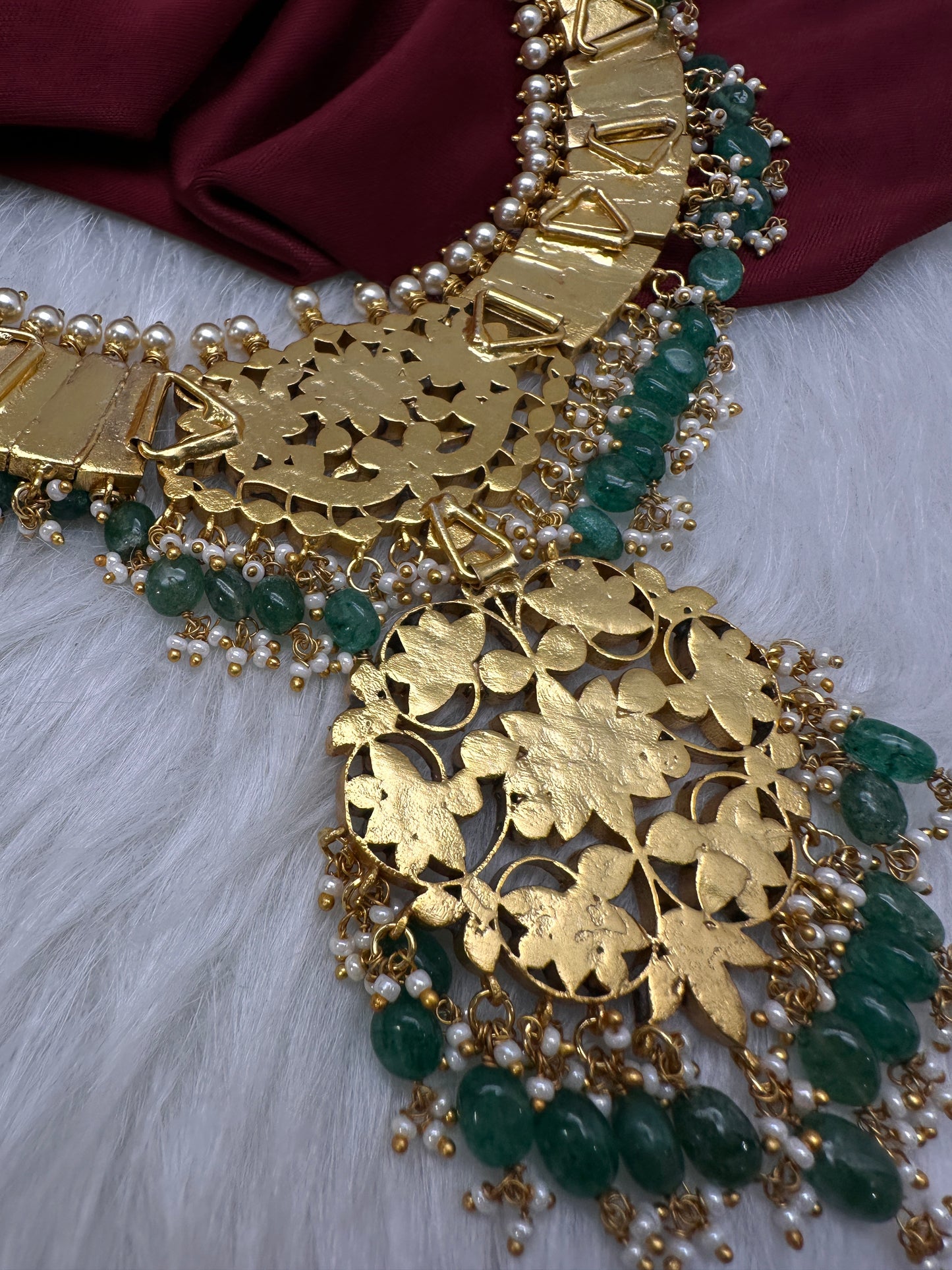 Jadau Kundan Neckline Necklace with Emerald Beads - 