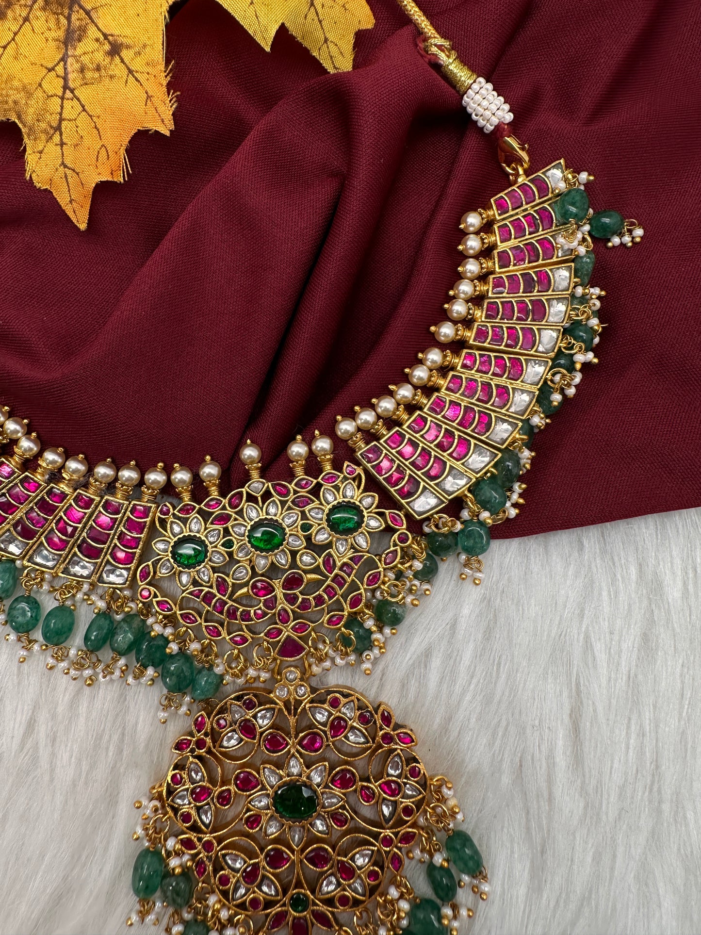 Jadau Kundan Neckline Necklace with Emerald Beads - 