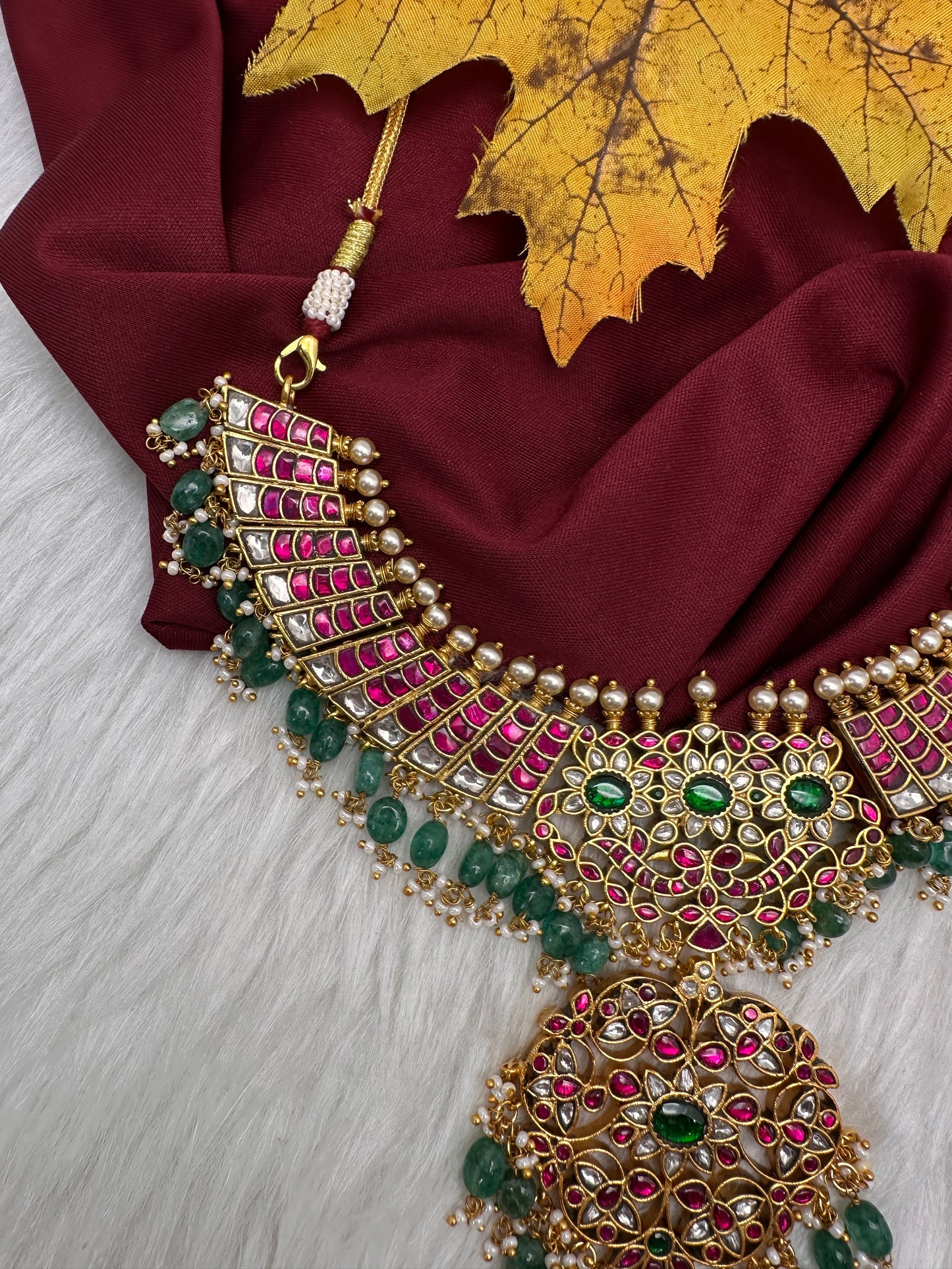 Jadau Kundan Neckline Necklace with Emerald Beads - 