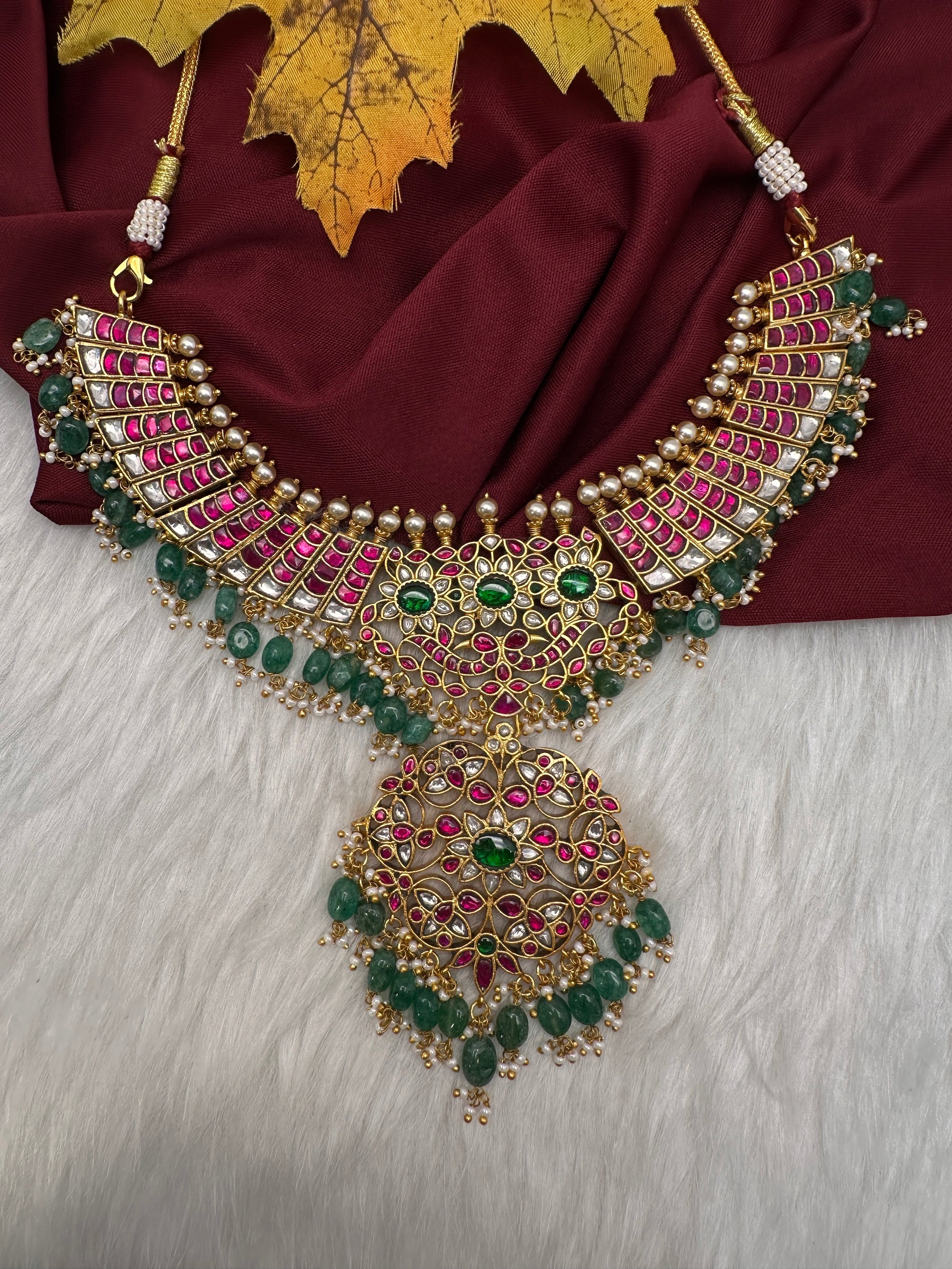 Jadau Kundan Neckline Necklace with Emerald Beads - 