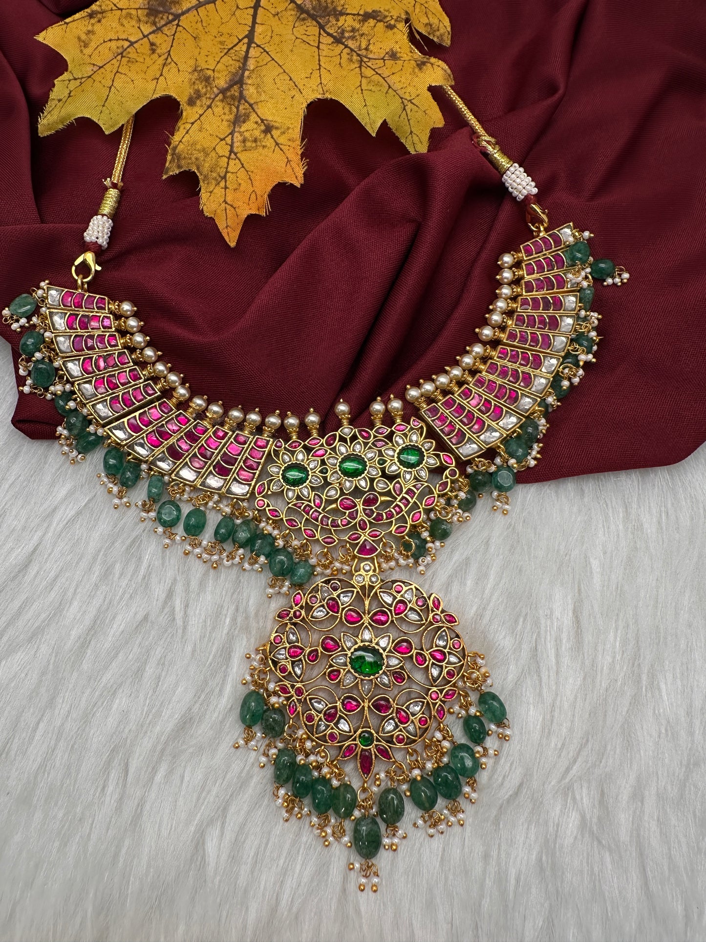 Jadau Kundan Neckline Necklace with Emerald Beads - 