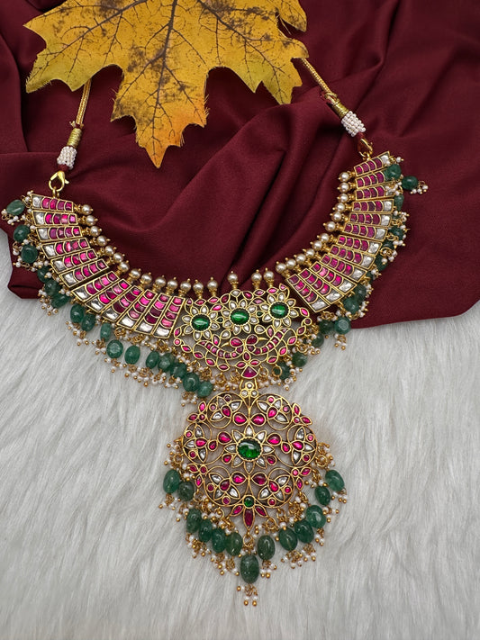 Jadau Kundan Neckline Necklace with Emerald Beads - 