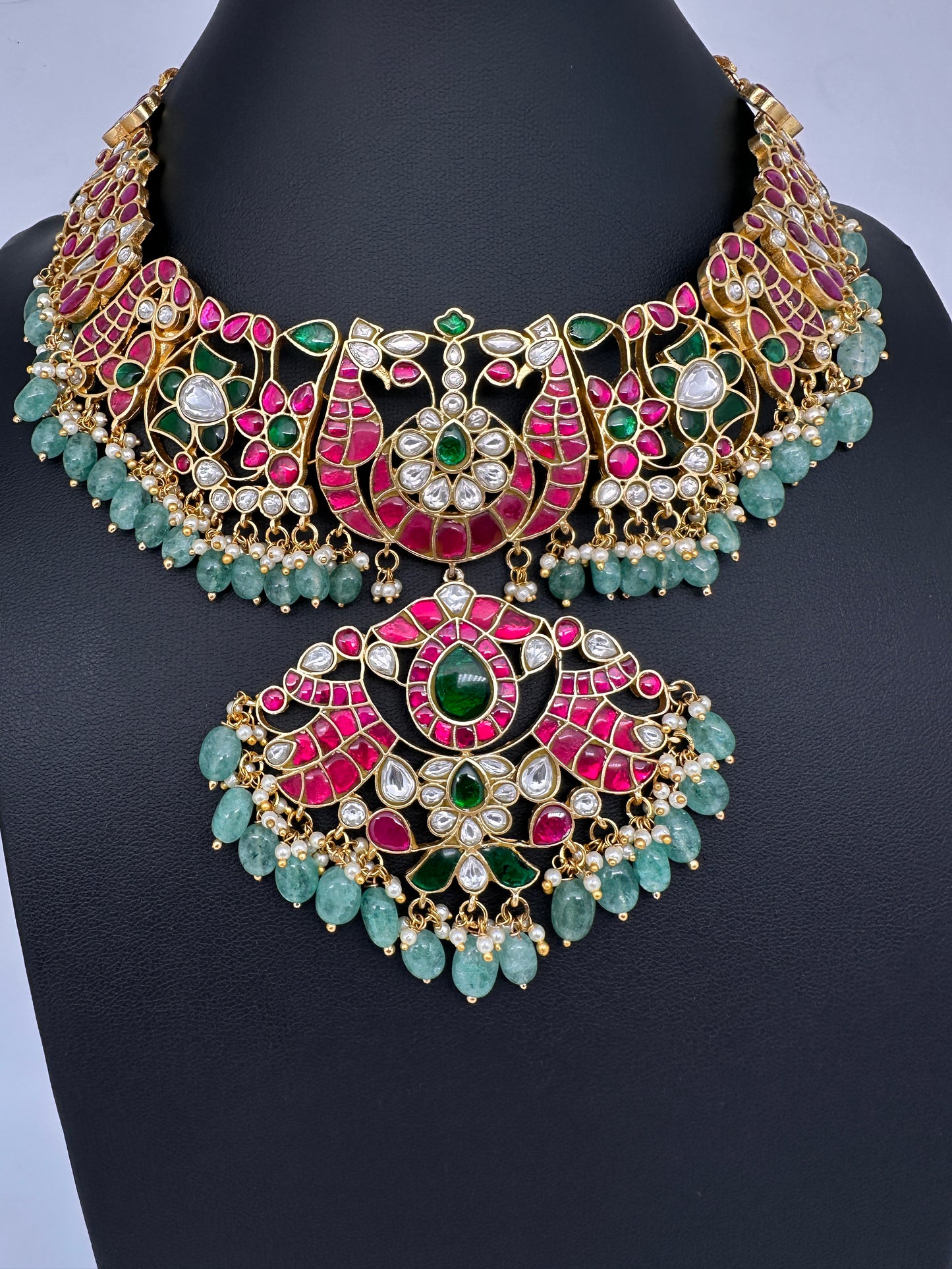 Jadau Kundan Neckline Necklace with Emerald Beads - 