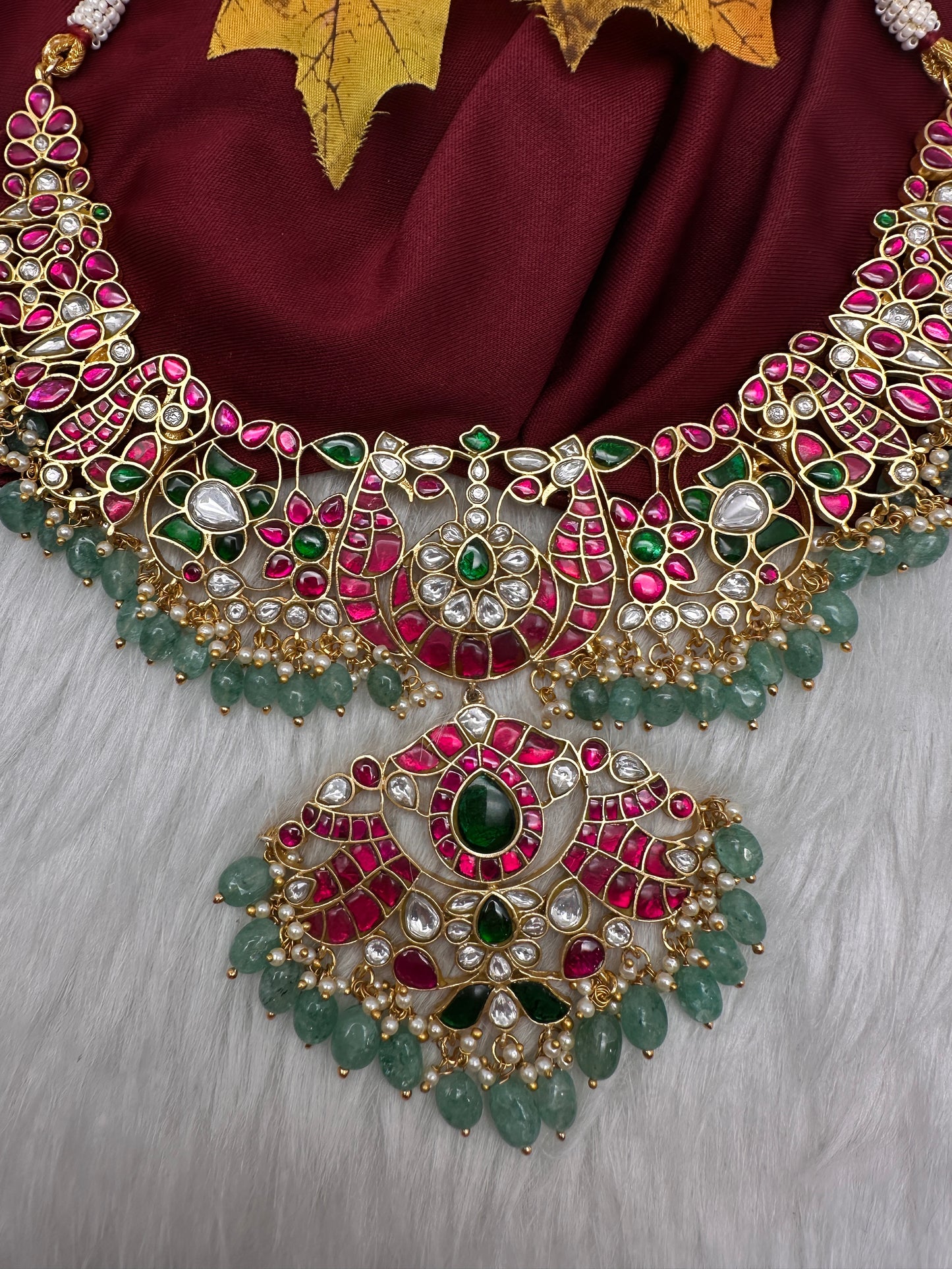 Jadau Kundan Neckline Necklace with Emerald Beads - 