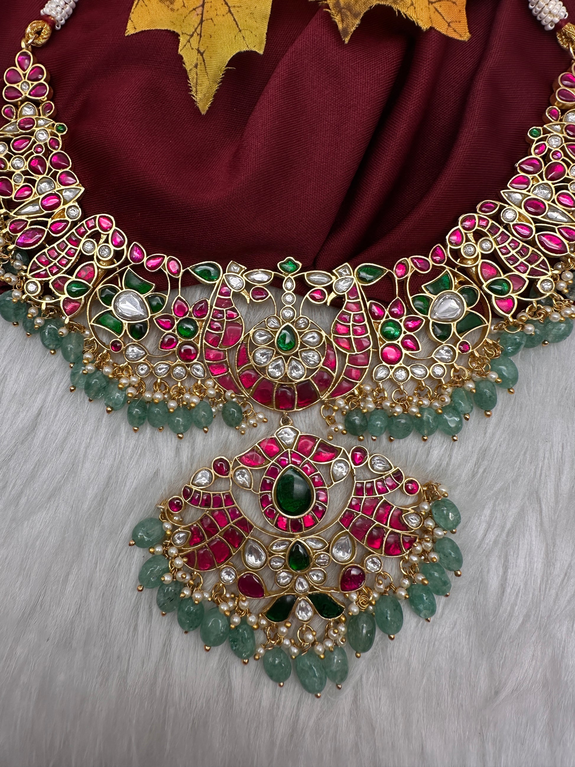 Jadau Kundan Neckline Necklace with Emerald Beads - 