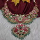 Jadau Kundan Neckline Necklace with Emerald Beads - 