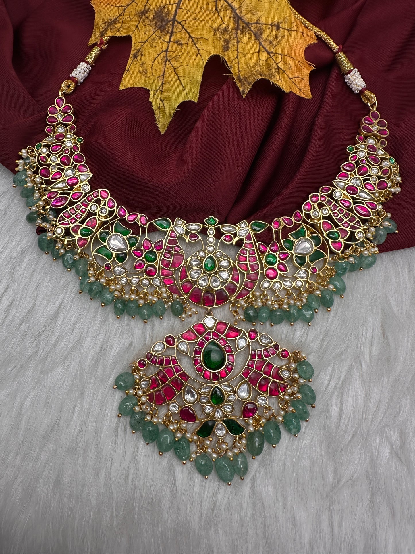 Jadau Kundan Neckline Necklace with Emerald Beads - 