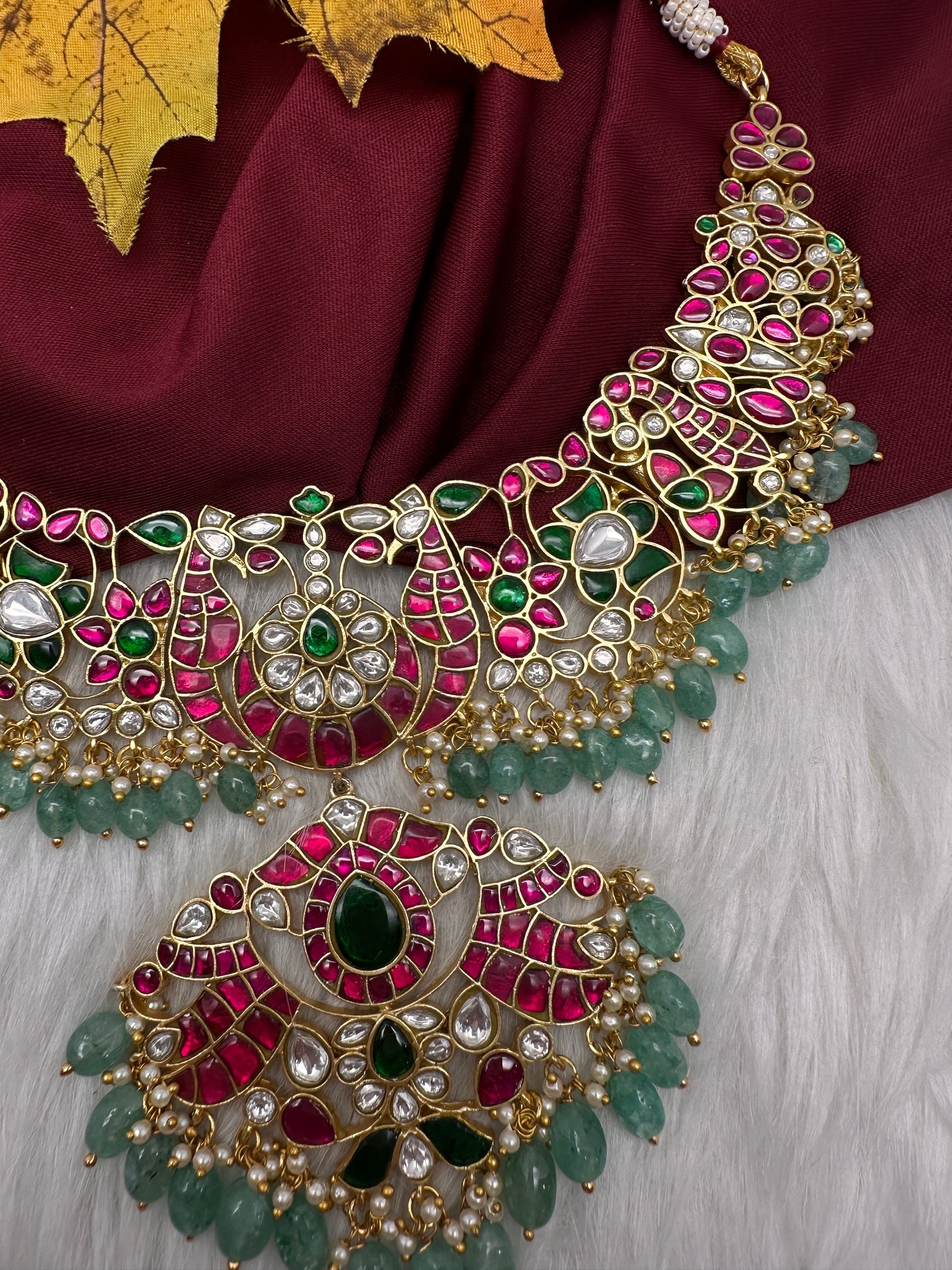 Jadau Kundan Neckline Necklace with Emerald Beads - 