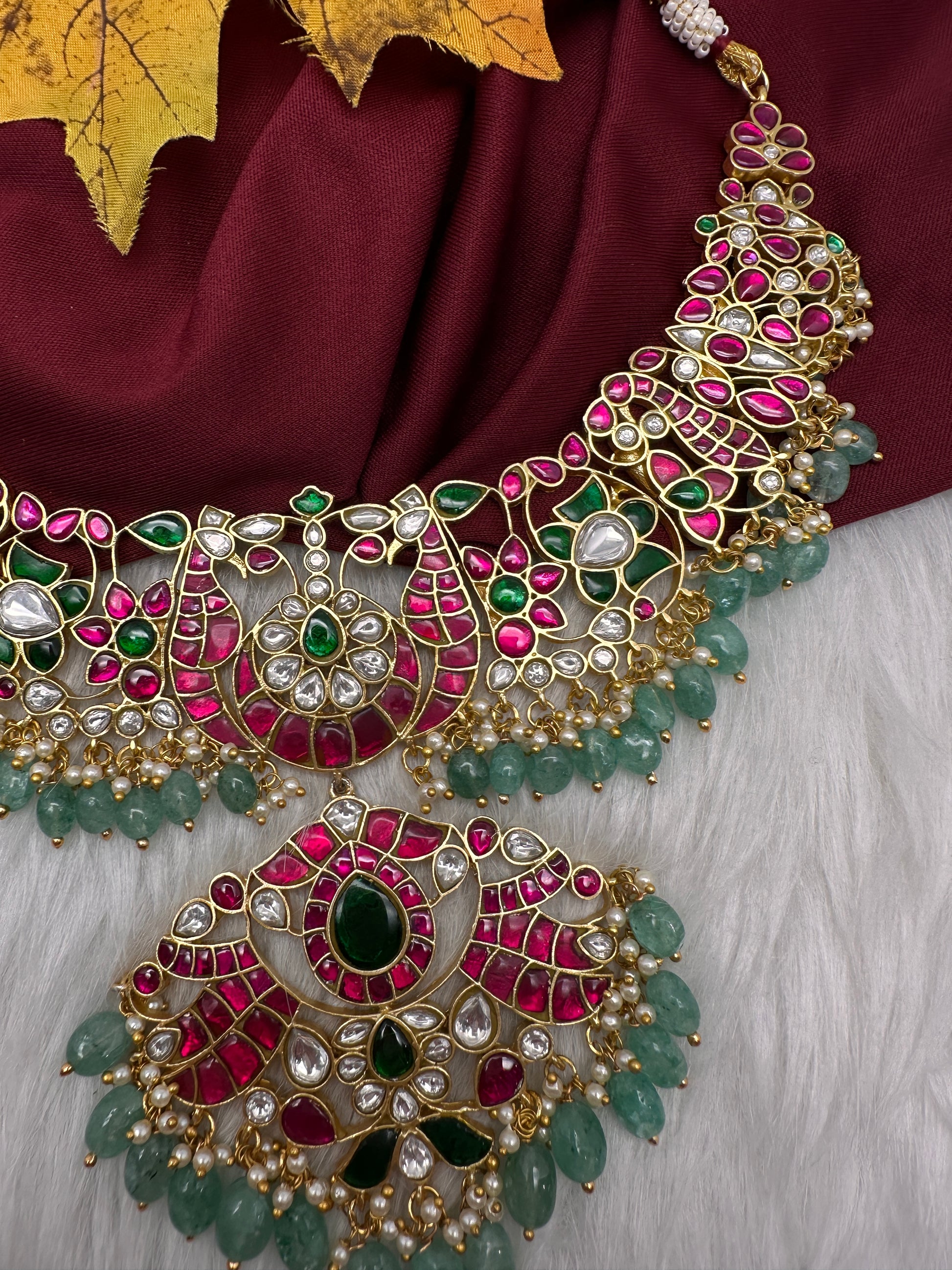 Jadau Kundan Neckline Necklace with Emerald Beads - 