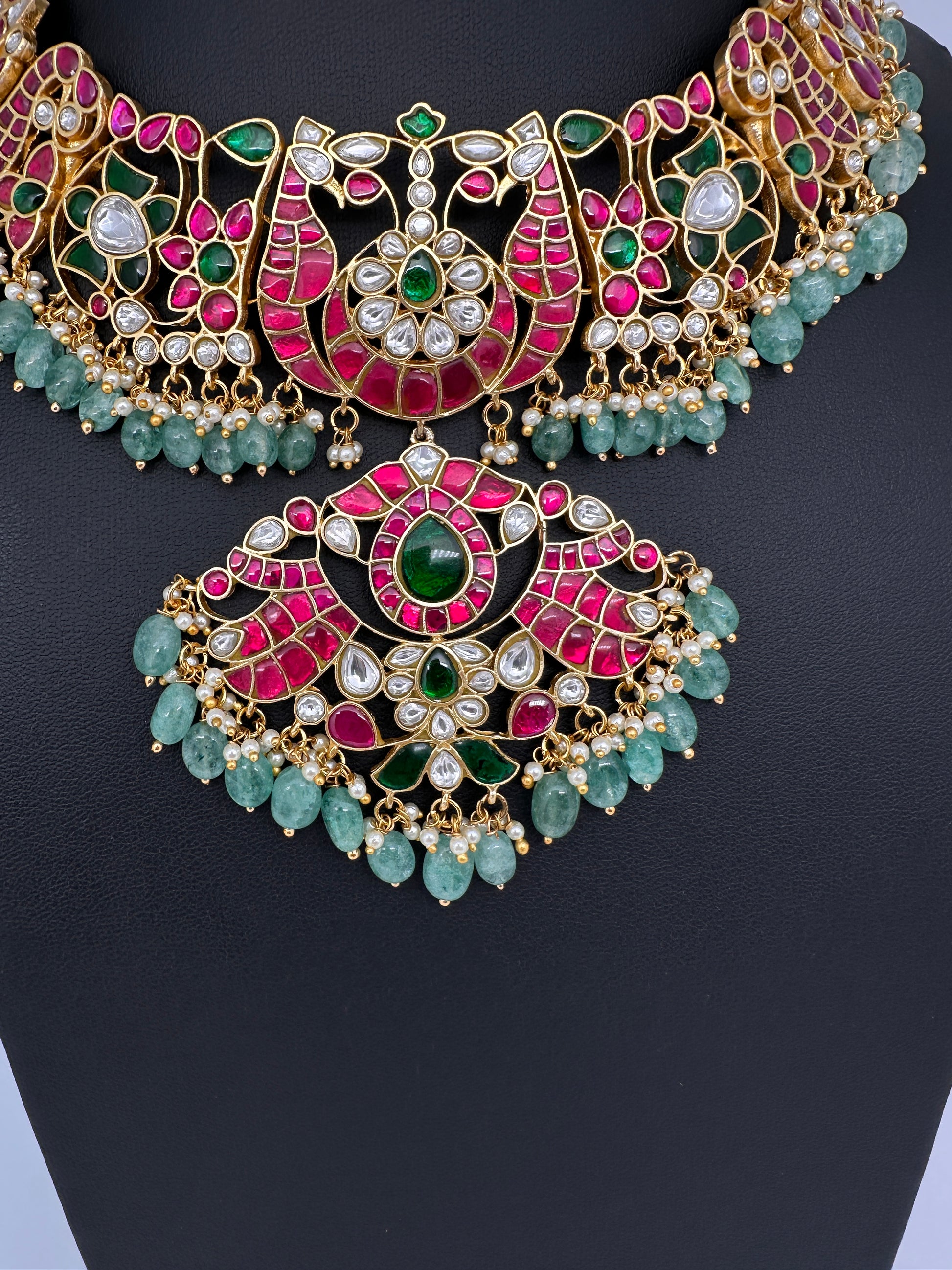 Jadau Kundan Neckline Necklace with Emerald Beads - 