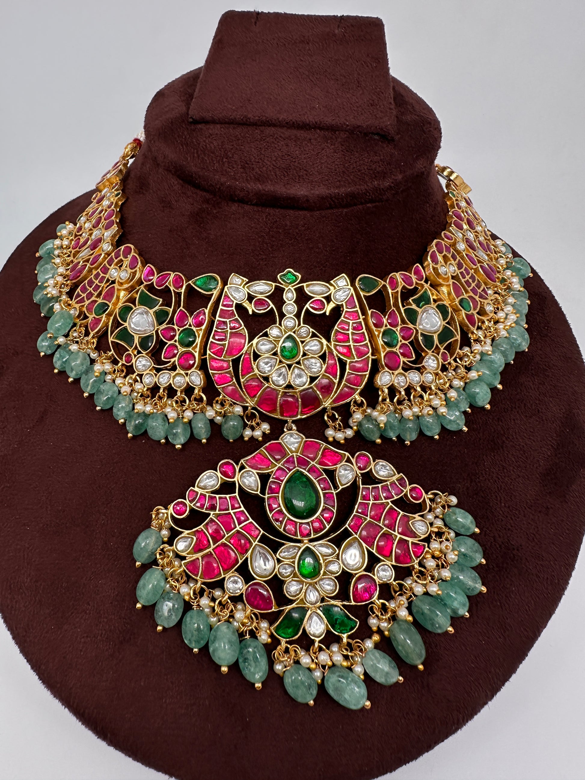 Jadau Kundan Neckline Necklace with Emerald Beads - 