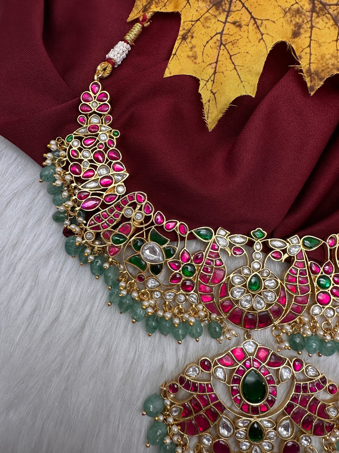Jadau Kundan Neckline Necklace with Emerald Beads - 
