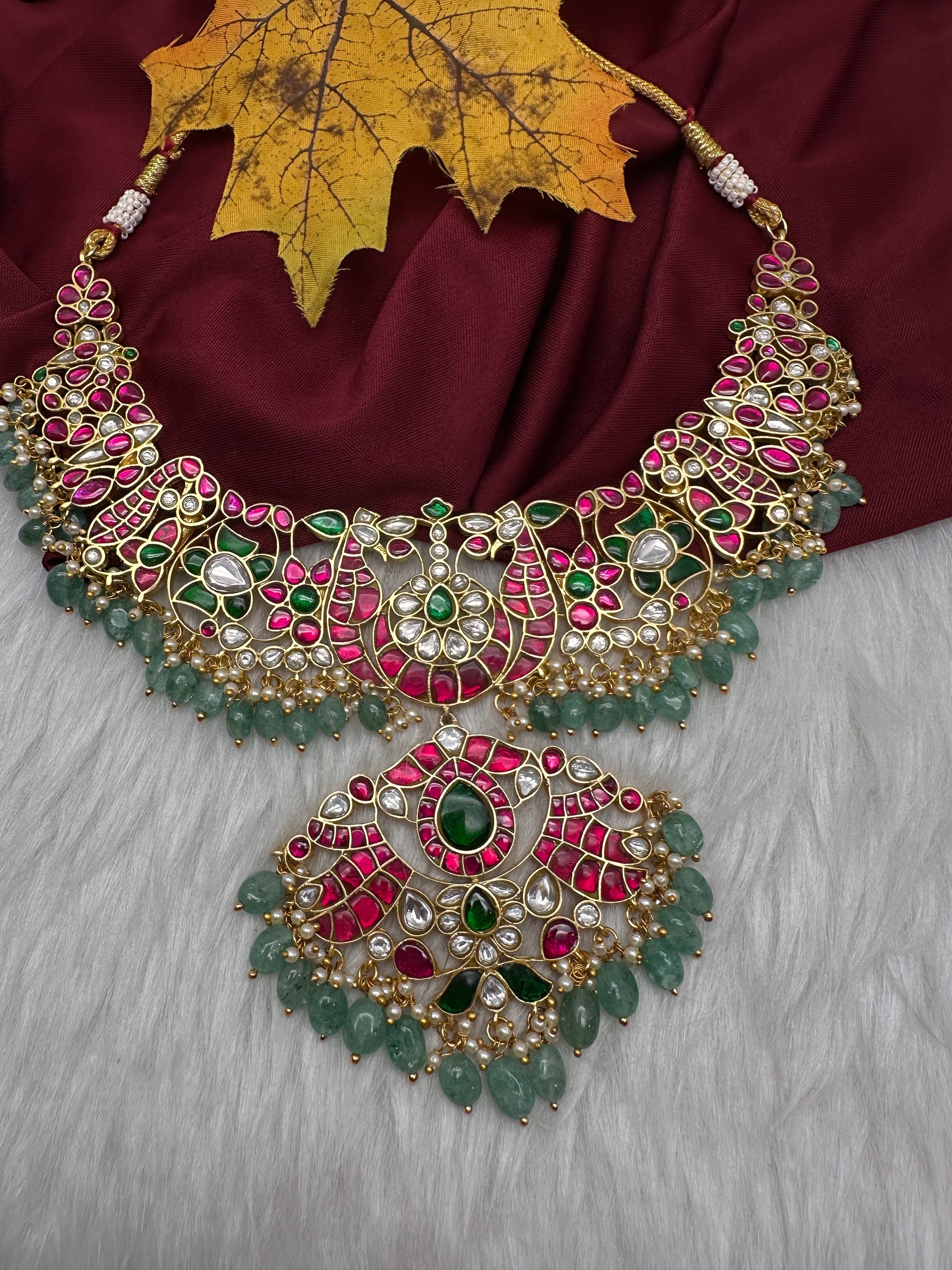 Jadau Kundan Neckline Necklace with Emerald Beads - 