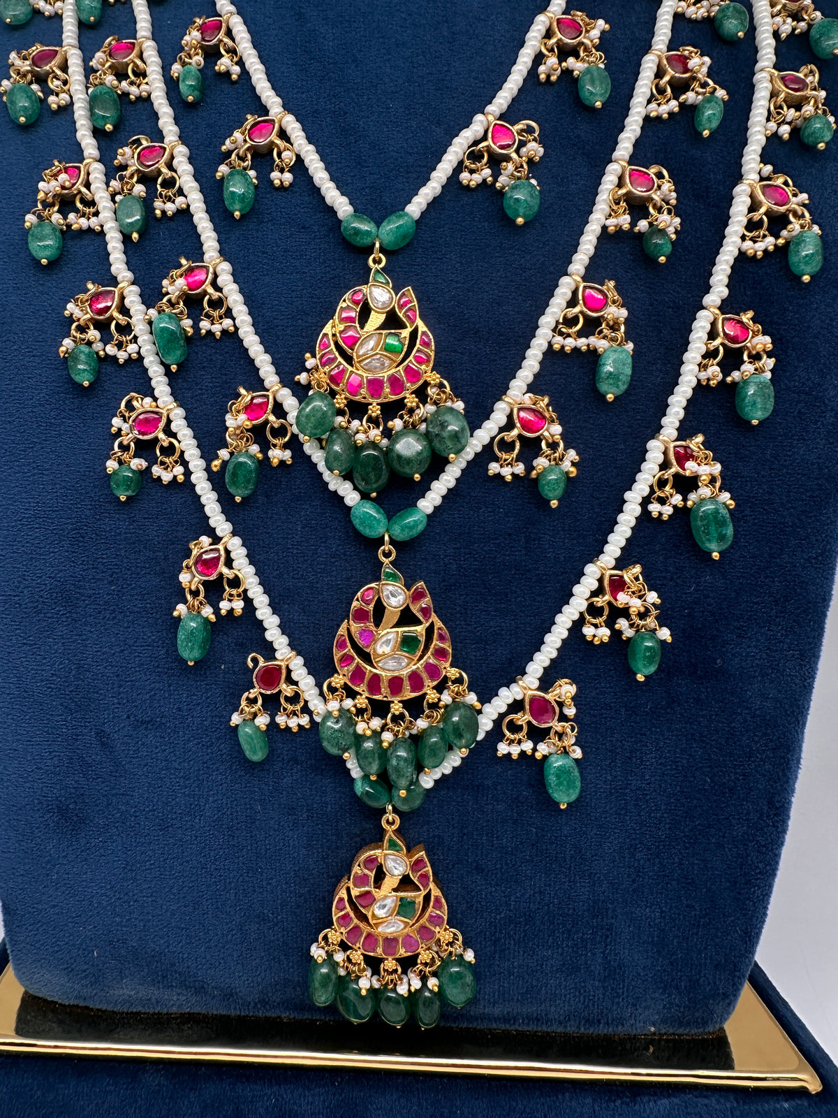 Jadau Kundan Multi Layer Teen Lada Pearl Necklace - 