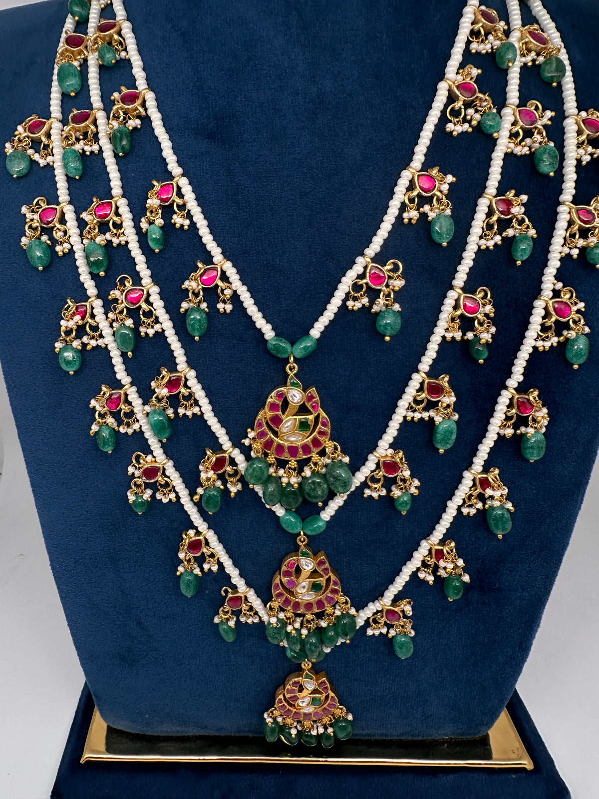 Jadau Kundan Multi Layer Teen Lada Pearl Necklace - 