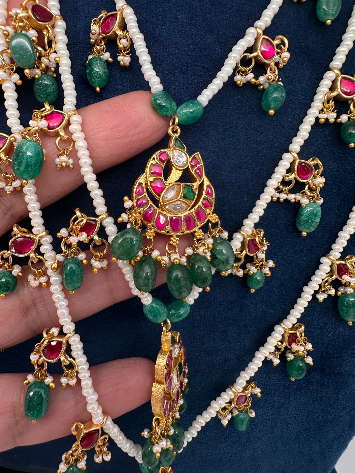 Jadau Kundan Multi Layer Teen Lada Pearl Necklace - 