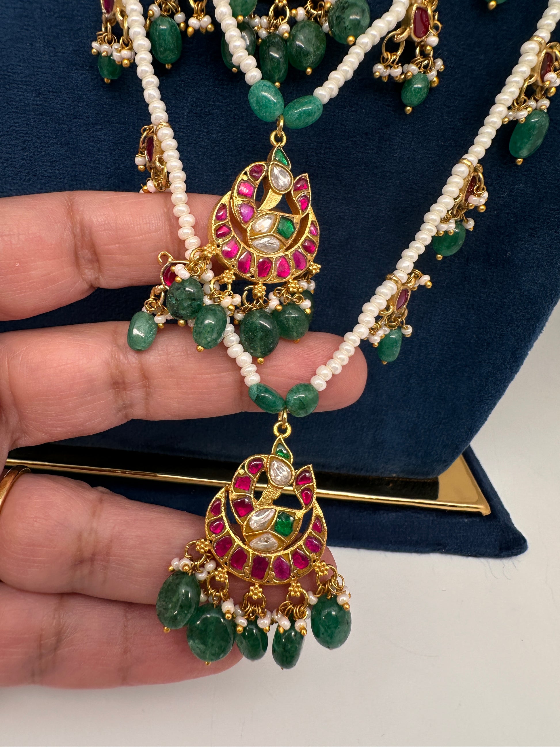Jadau Kundan Multi Layer Teen Lada Pearl Necklace - 