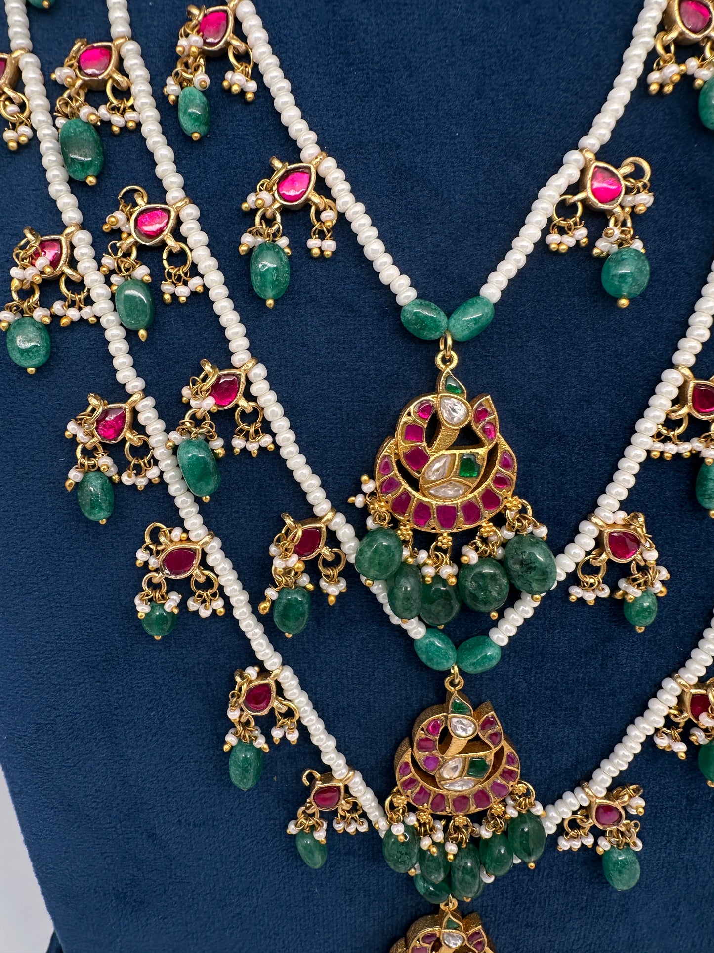Jadau Kundan Multi Layer Teen Lada Pearl Necklace - 