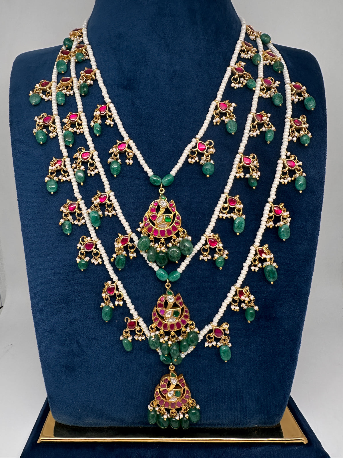 Jadau Kundan Multi Layer Teen Lada Pearl Necklace - 