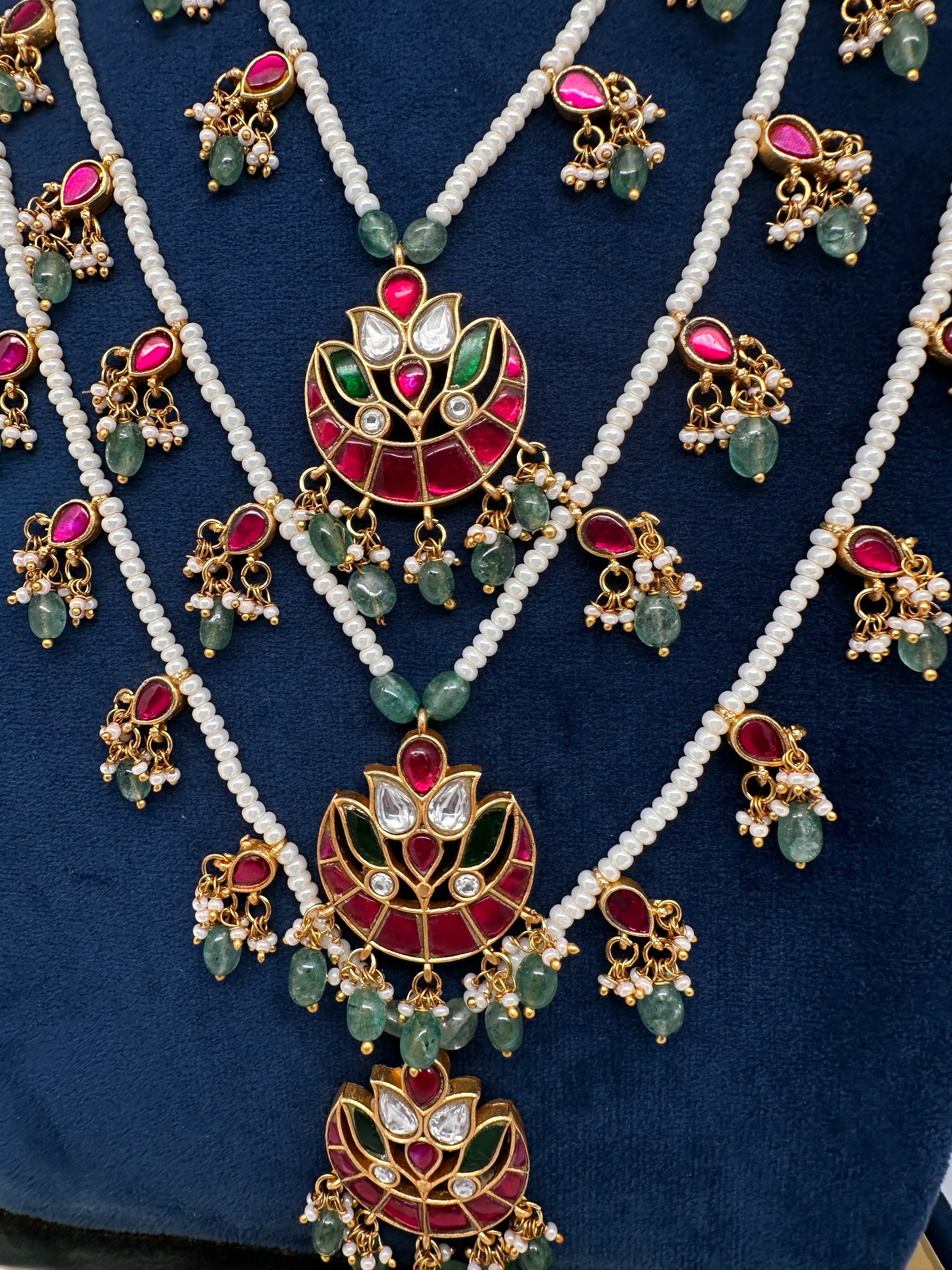 Jadau Kundan Floral Multi Layer Teen Lada Pearl Necklace - 
