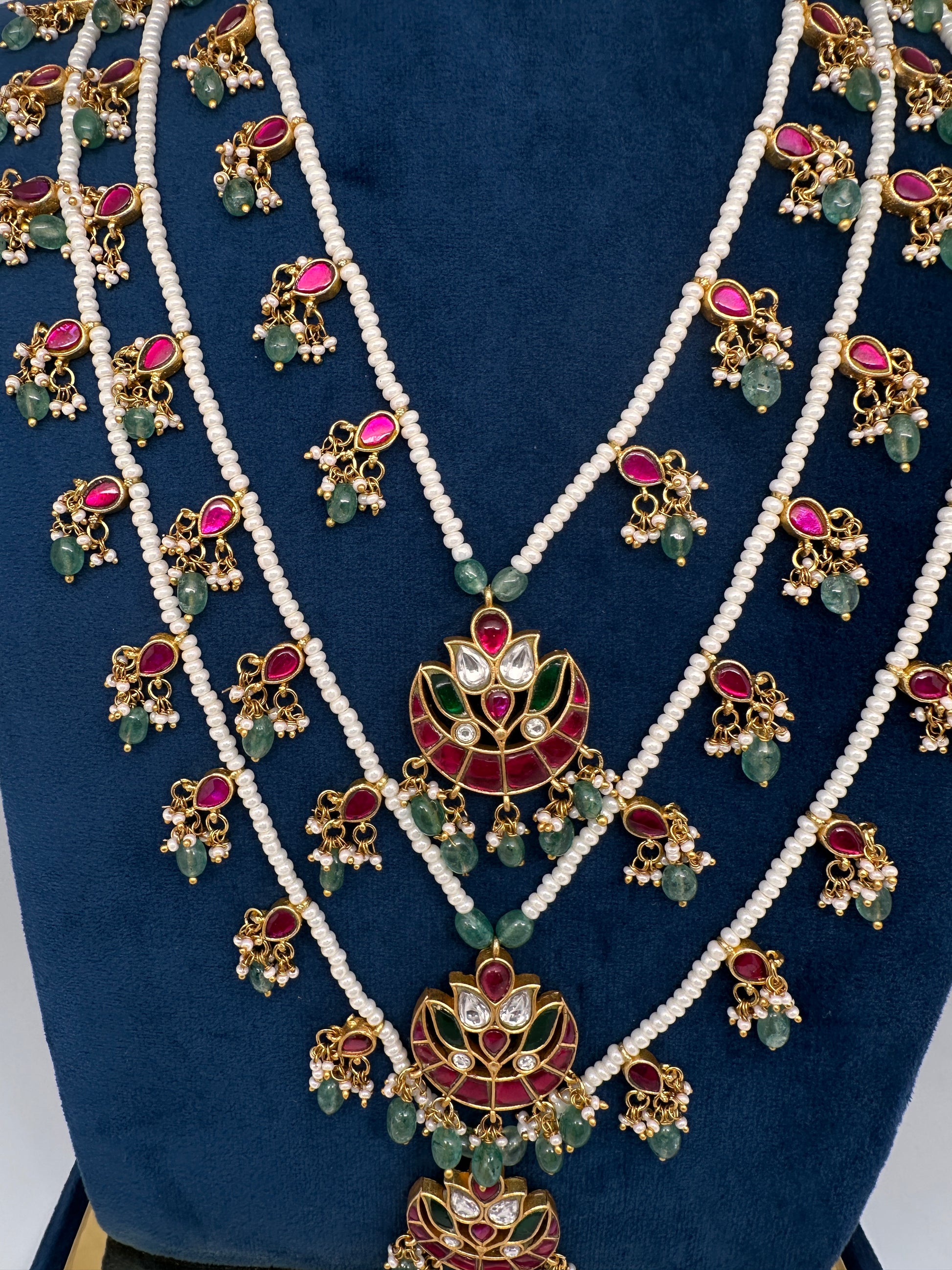 Jadau Kundan Floral Multi Layer Teen Lada Pearl Necklace - 