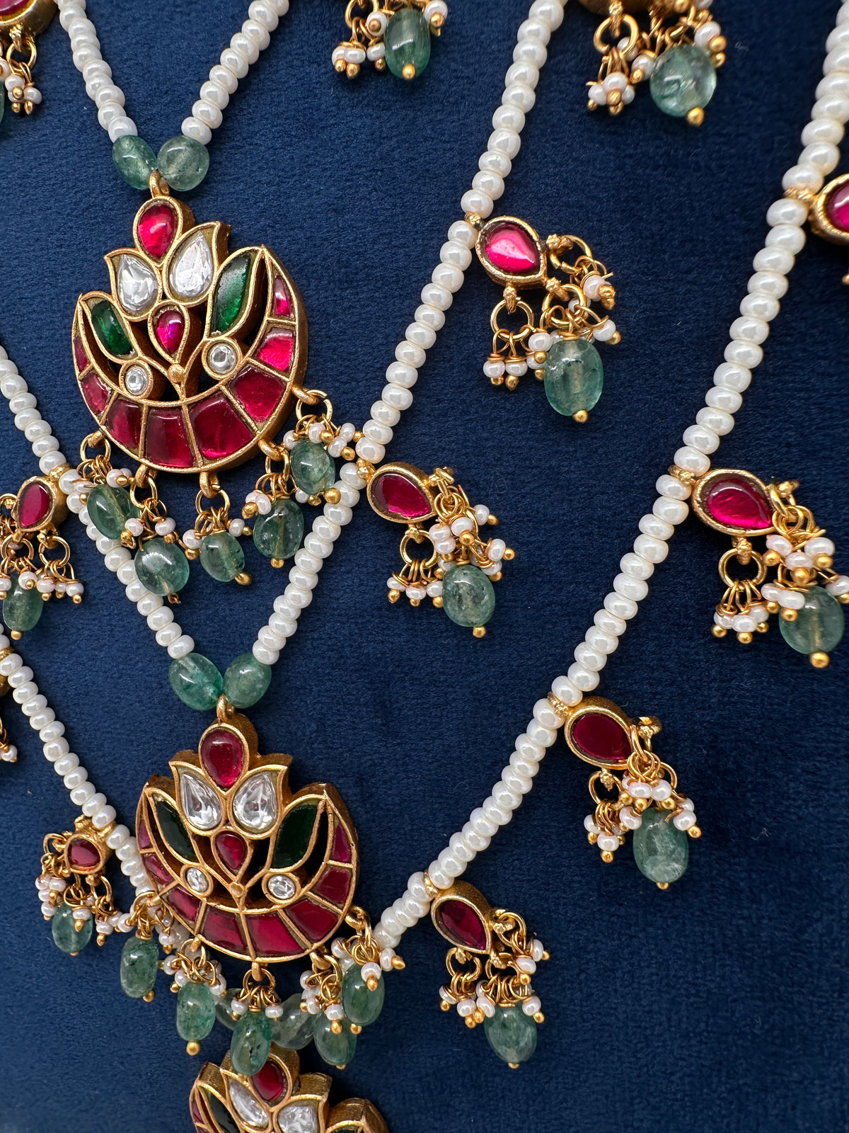 Jadau Kundan Floral Multi Layer Teen Lada Pearl Necklace - 