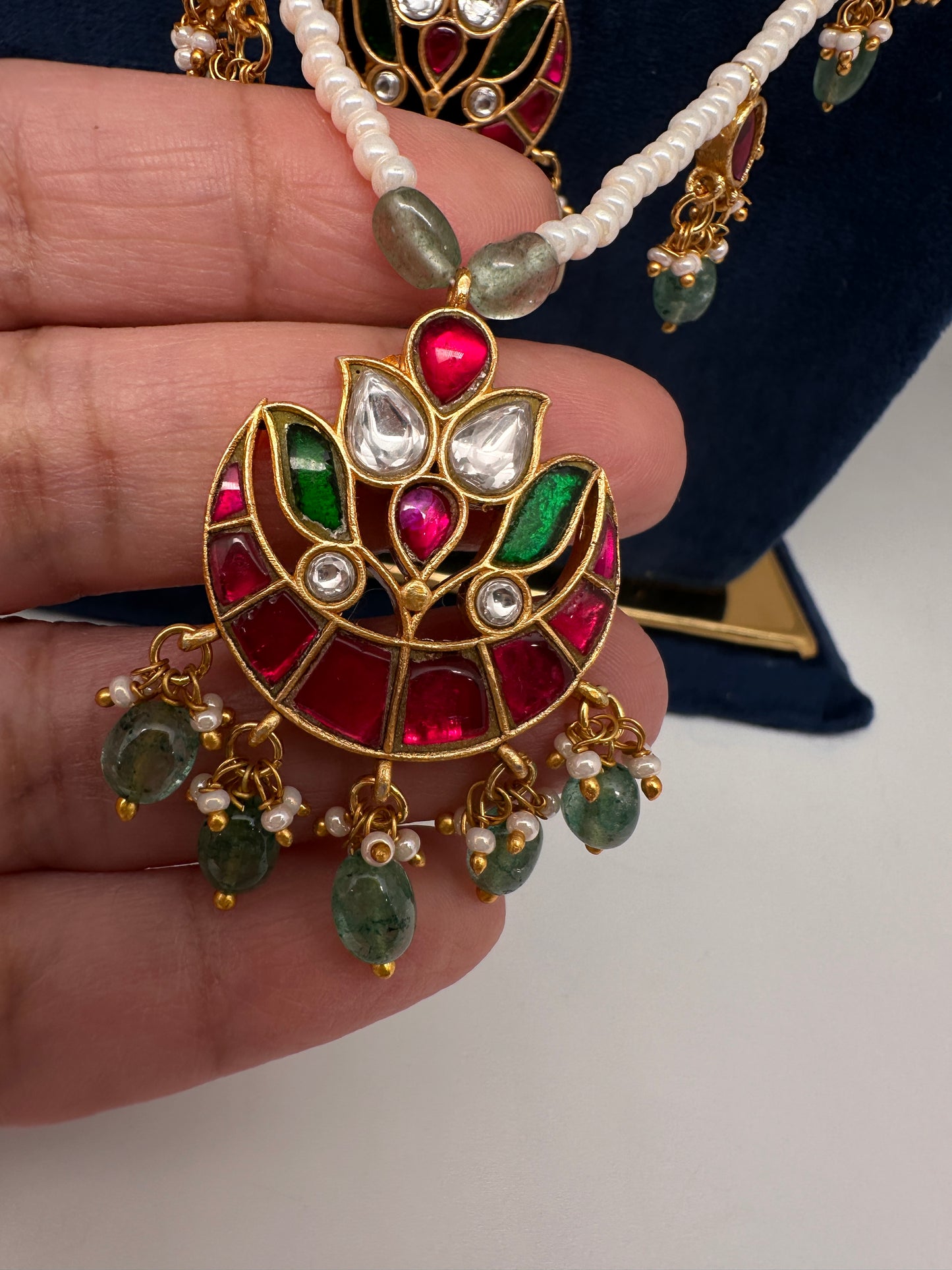 Jadau Kundan Floral Multi Layer Teen Lada Pearl Necklace - 