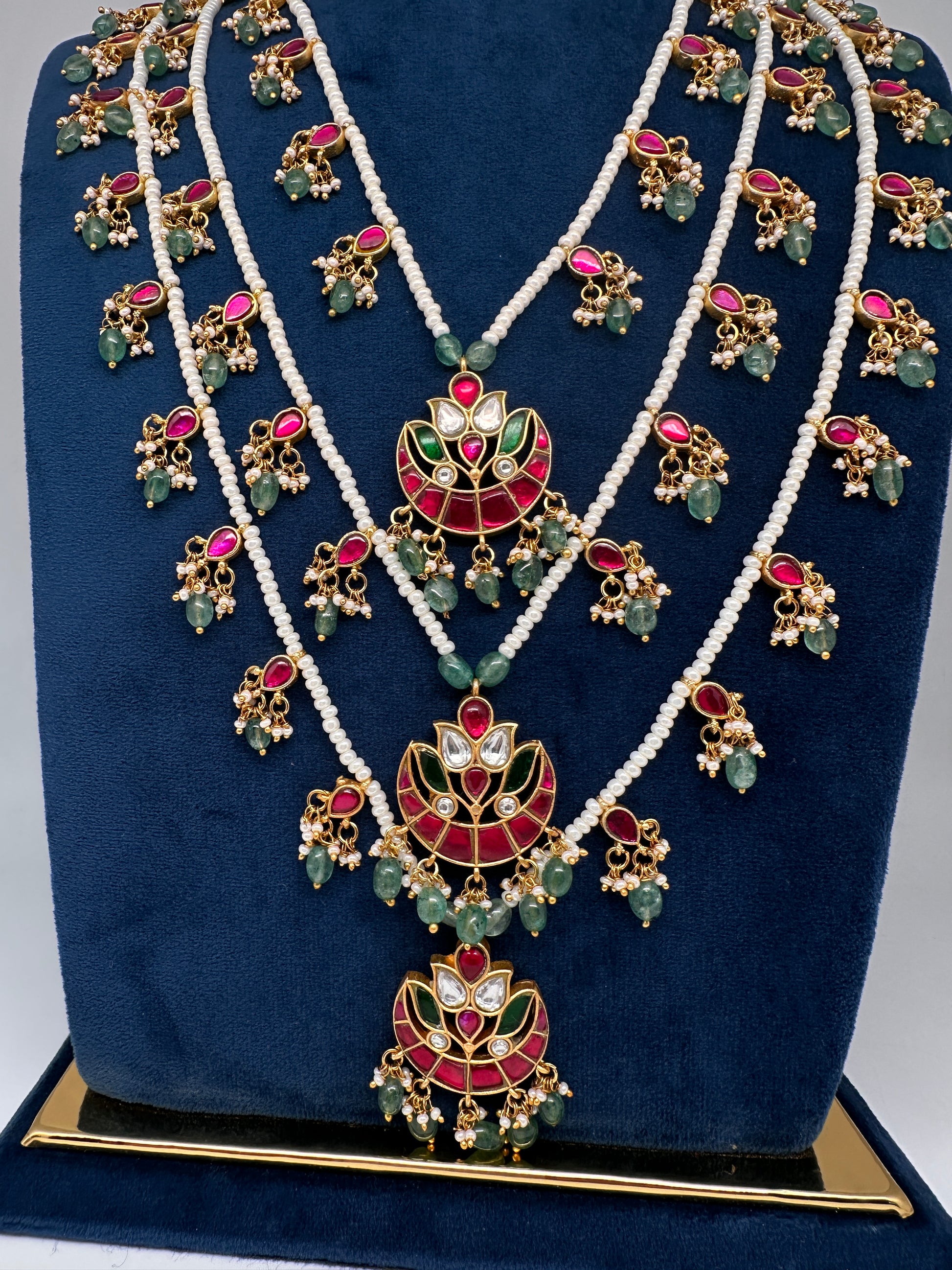 Jadau Kundan Floral Multi Layer Teen Lada Pearl Necklace - 