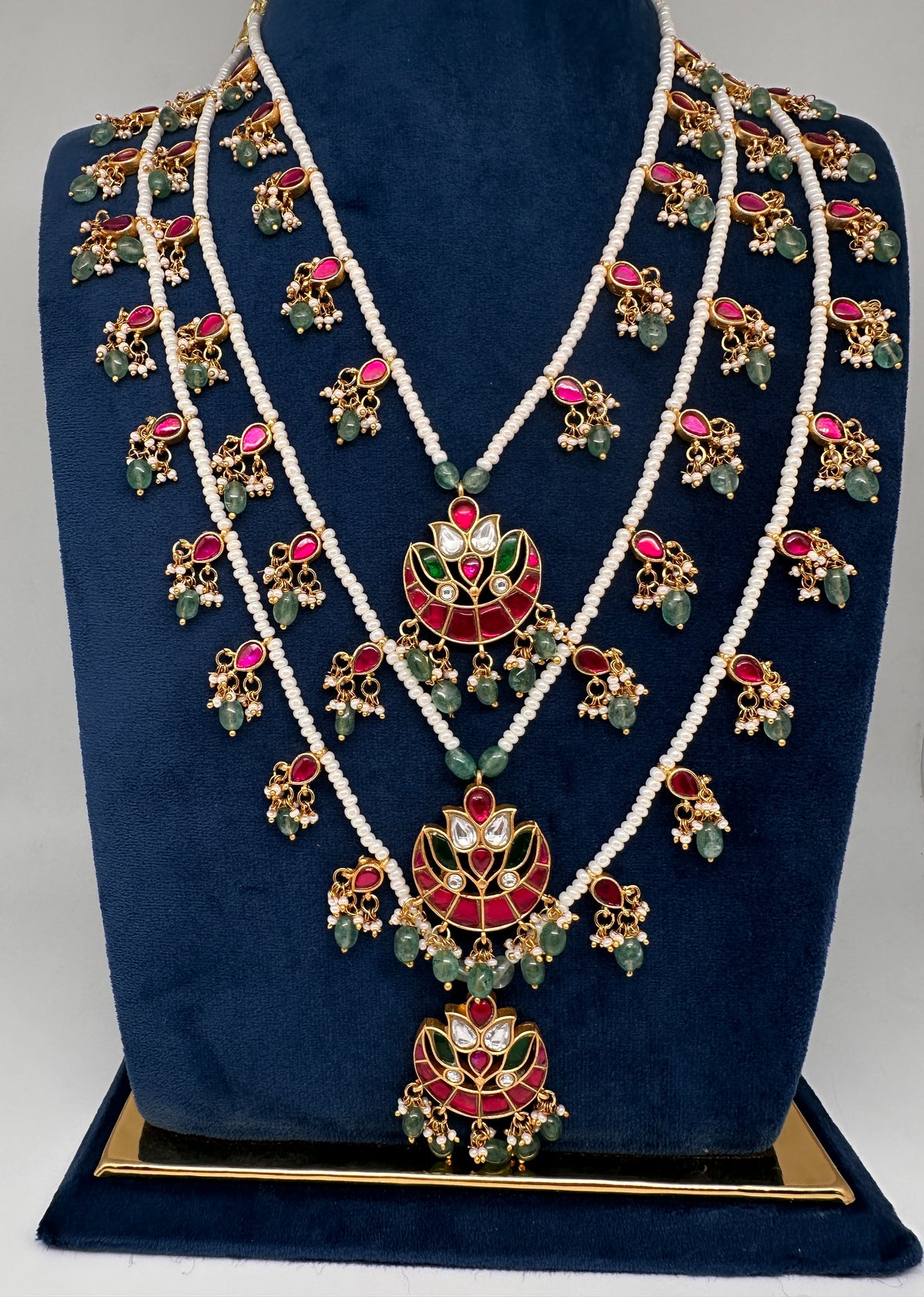 Jadau Kundan Floral Multi Layer Teen Lada Pearl Necklace - 