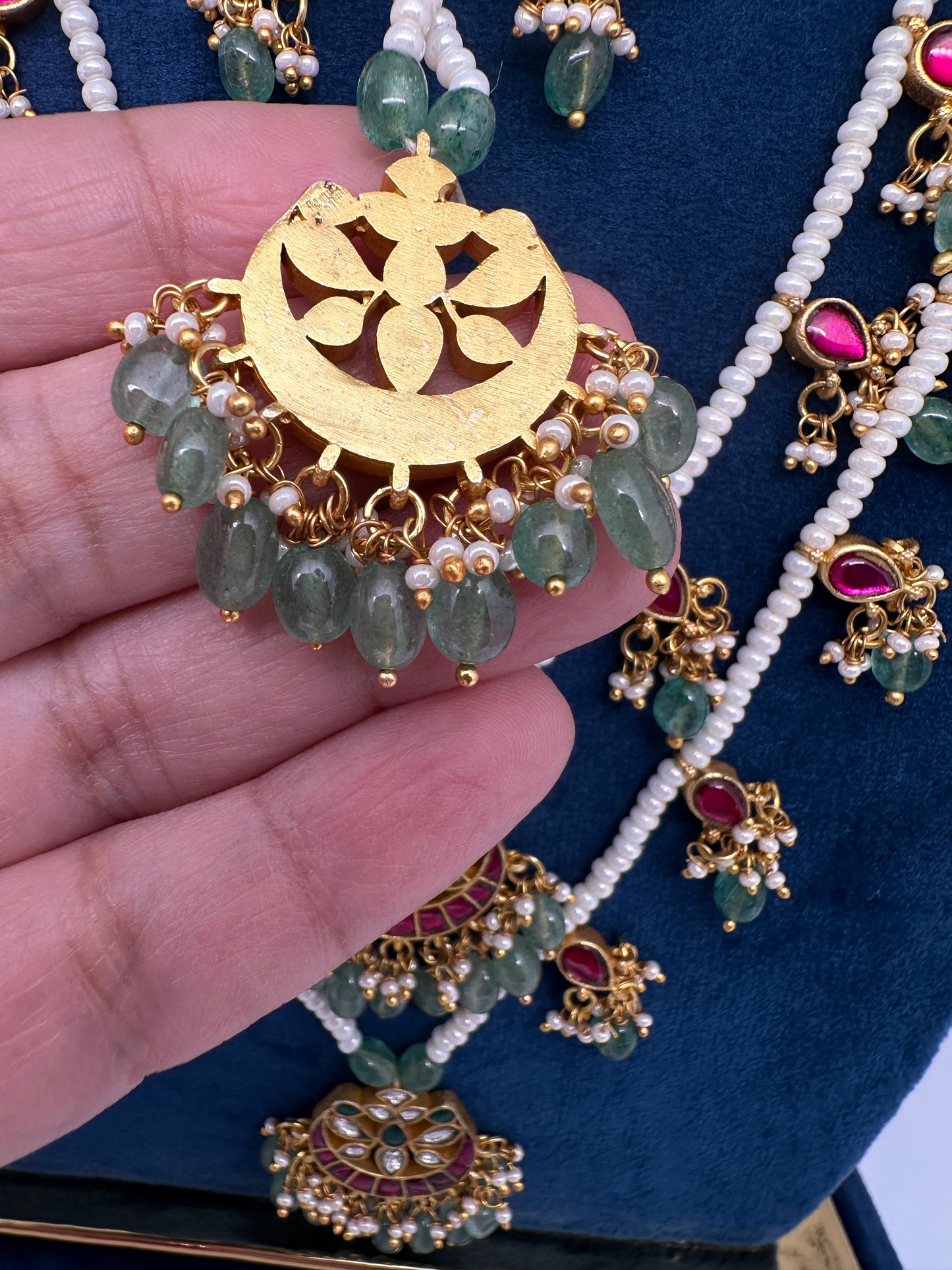 Jadau Kundan Floral Multi Layer Teen Lada Pearl Necklace - 