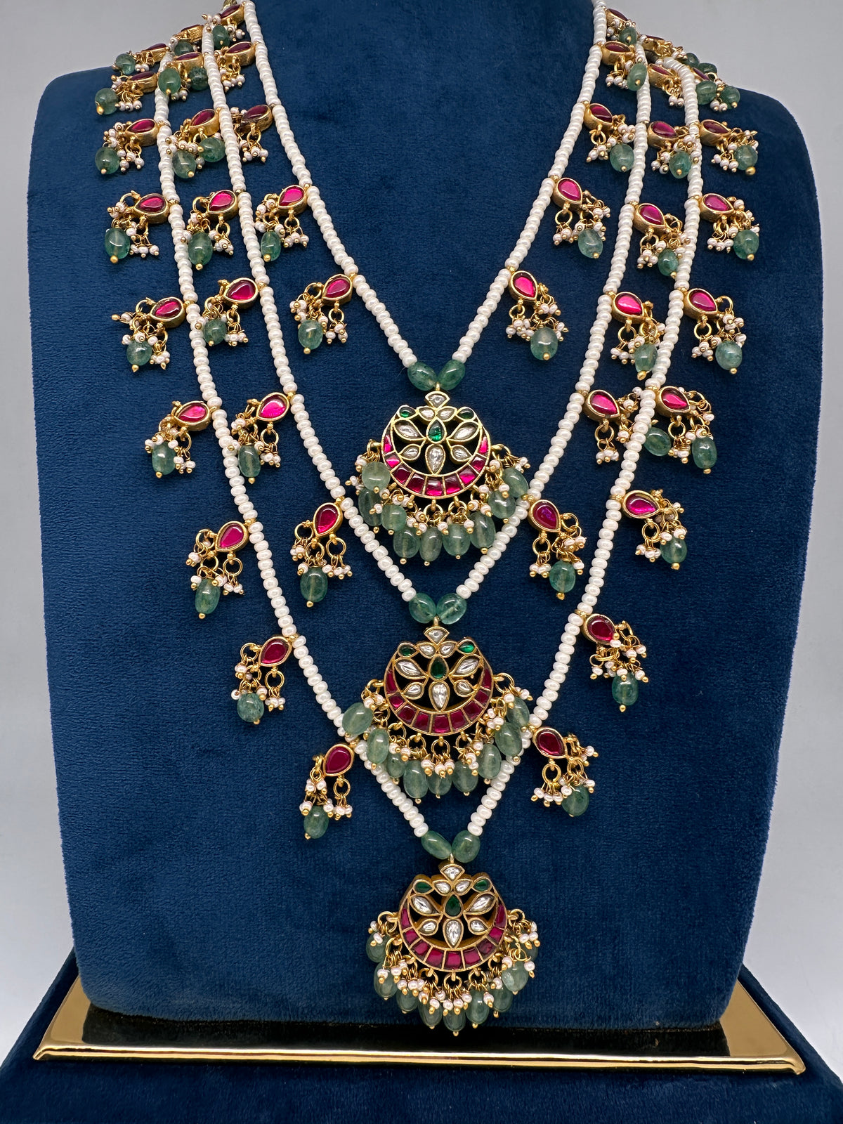 Jadau Kundan Floral Multi Layer Teen Lada Pearl Necklace - 