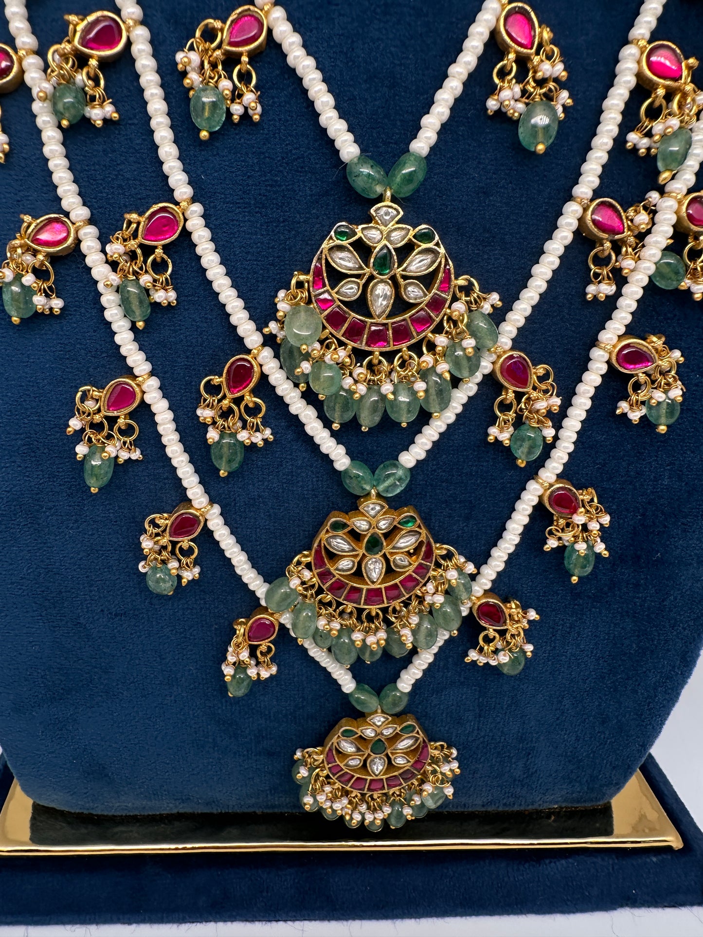 Jadau Kundan Floral Multi Layer Teen Lada Pearl Necklace - 