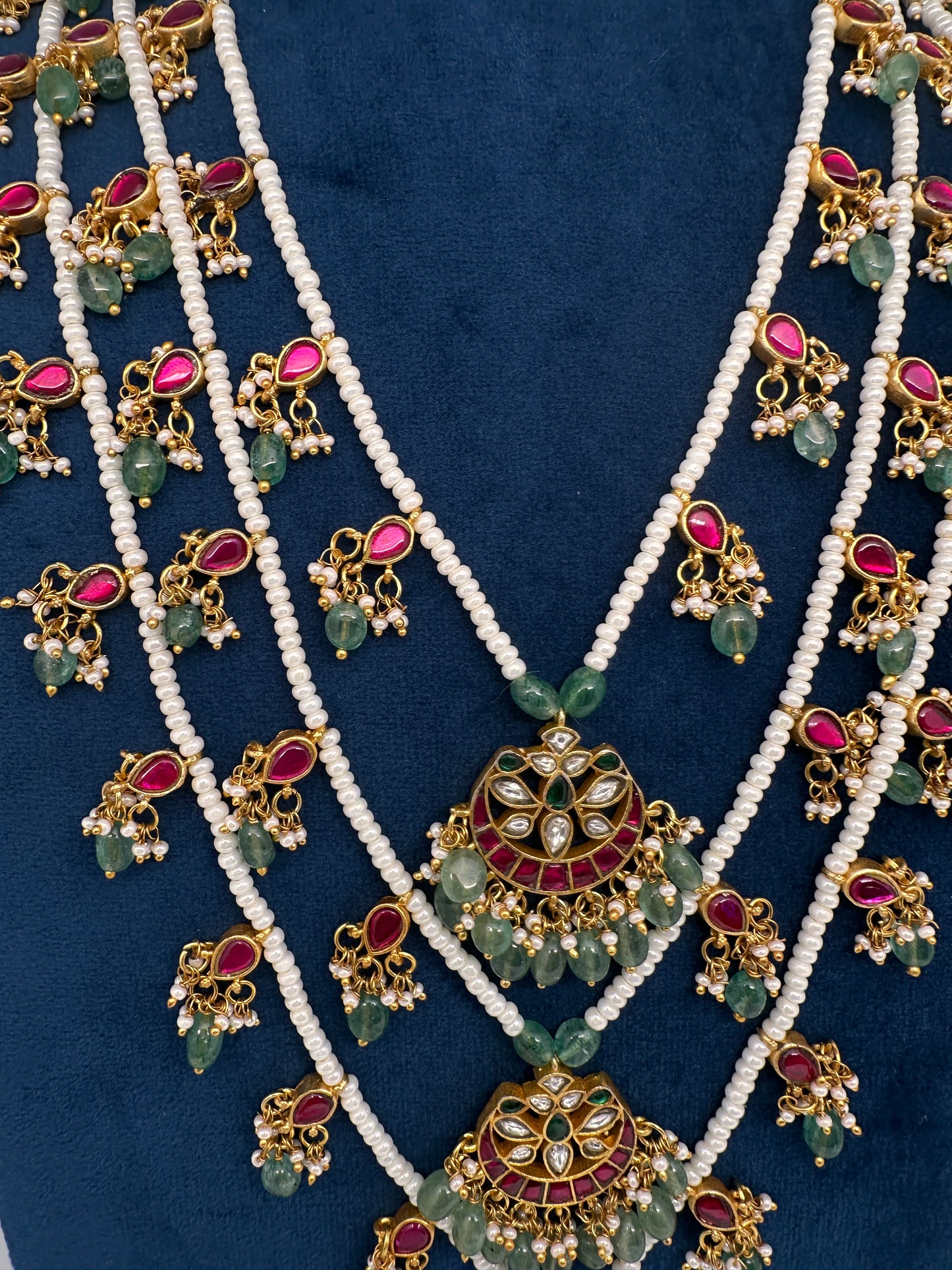 Jadau Kundan Floral Multi Layer Teen Lada Pearl Necklace - 