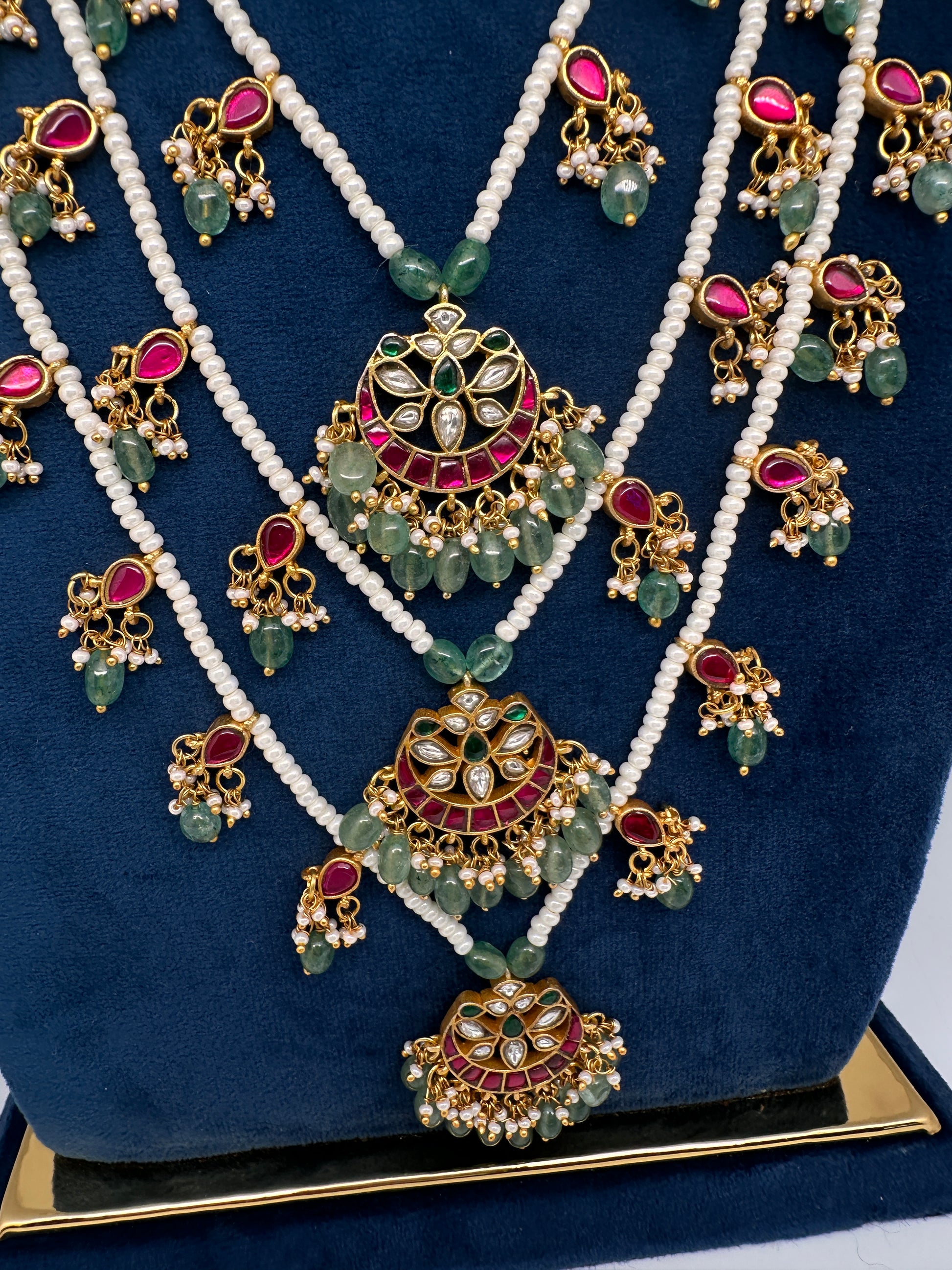 Jadau Kundan Floral Multi Layer Teen Lada Pearl Necklace - 