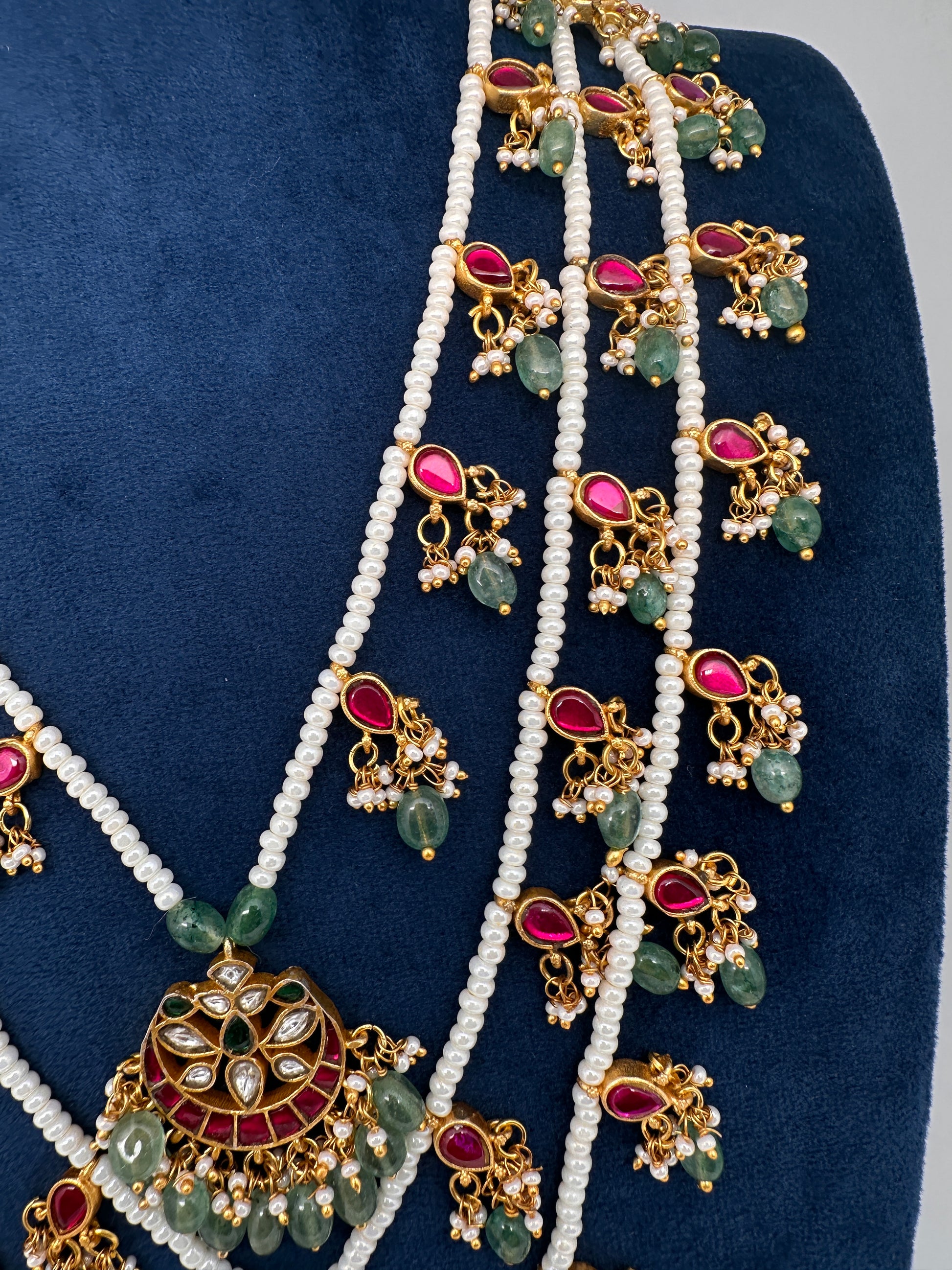 Jadau Kundan Floral Multi Layer Teen Lada Pearl Necklace - 