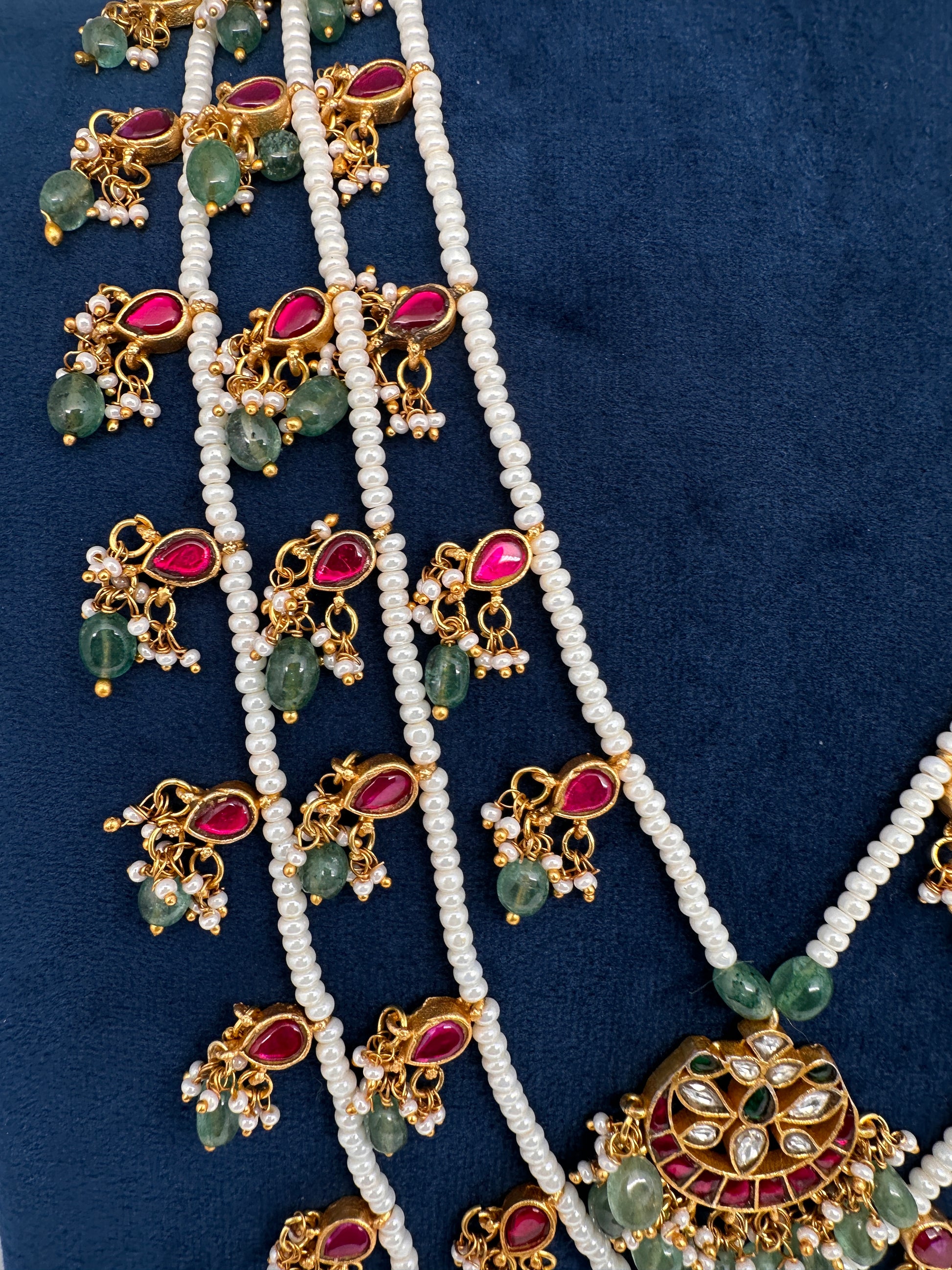 Jadau Kundan Floral Multi Layer Teen Lada Pearl Necklace - 