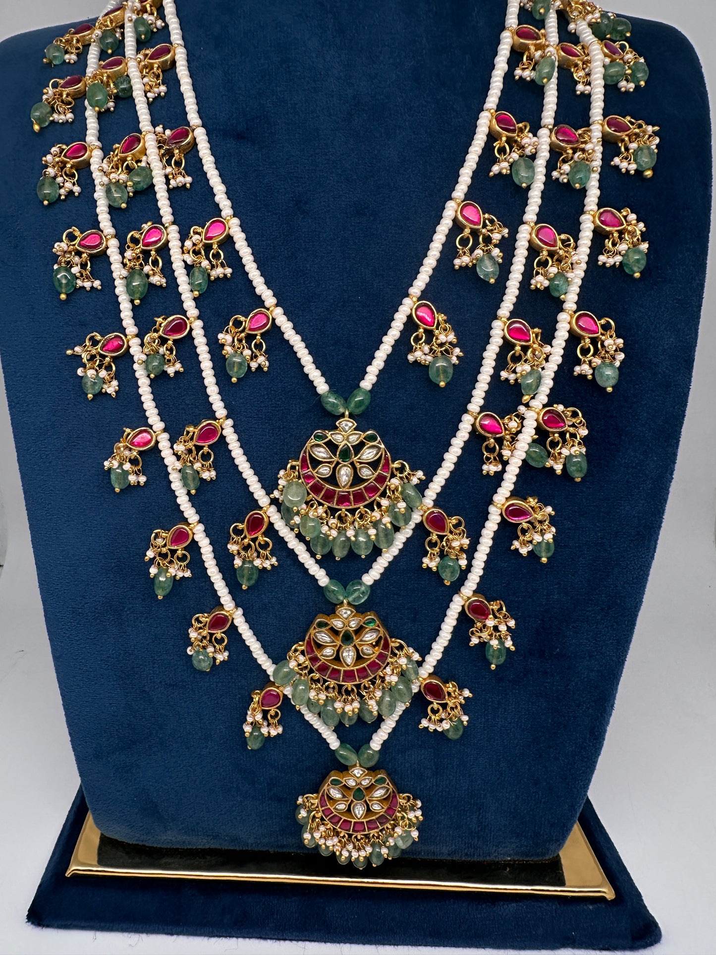 Jadau Kundan Floral Multi Layer Teen Lada Pearl Necklace - 