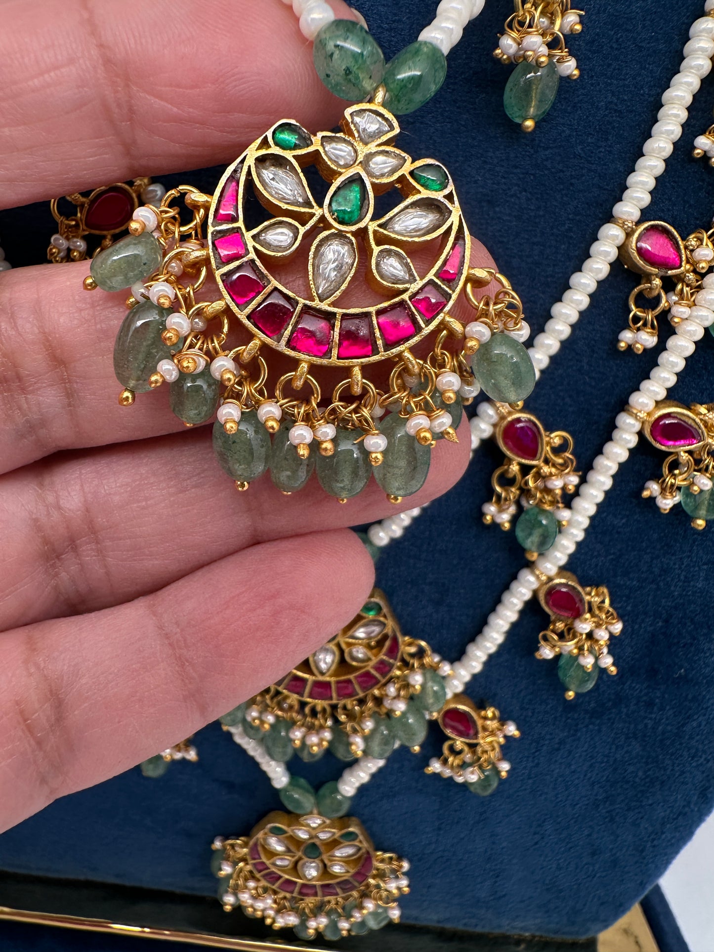 Jadau Kundan Floral Multi Layer Teen Lada Pearl Necklace - 