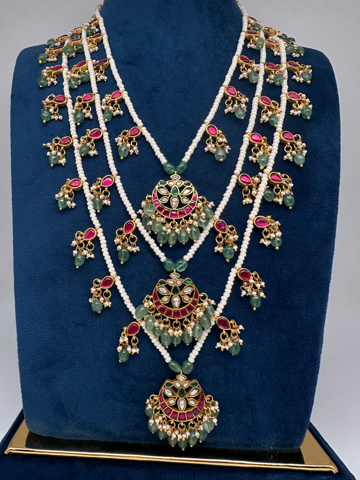 Jadau Kundan Floral Multi Layer Teen Lada Pearl Necklace - 
