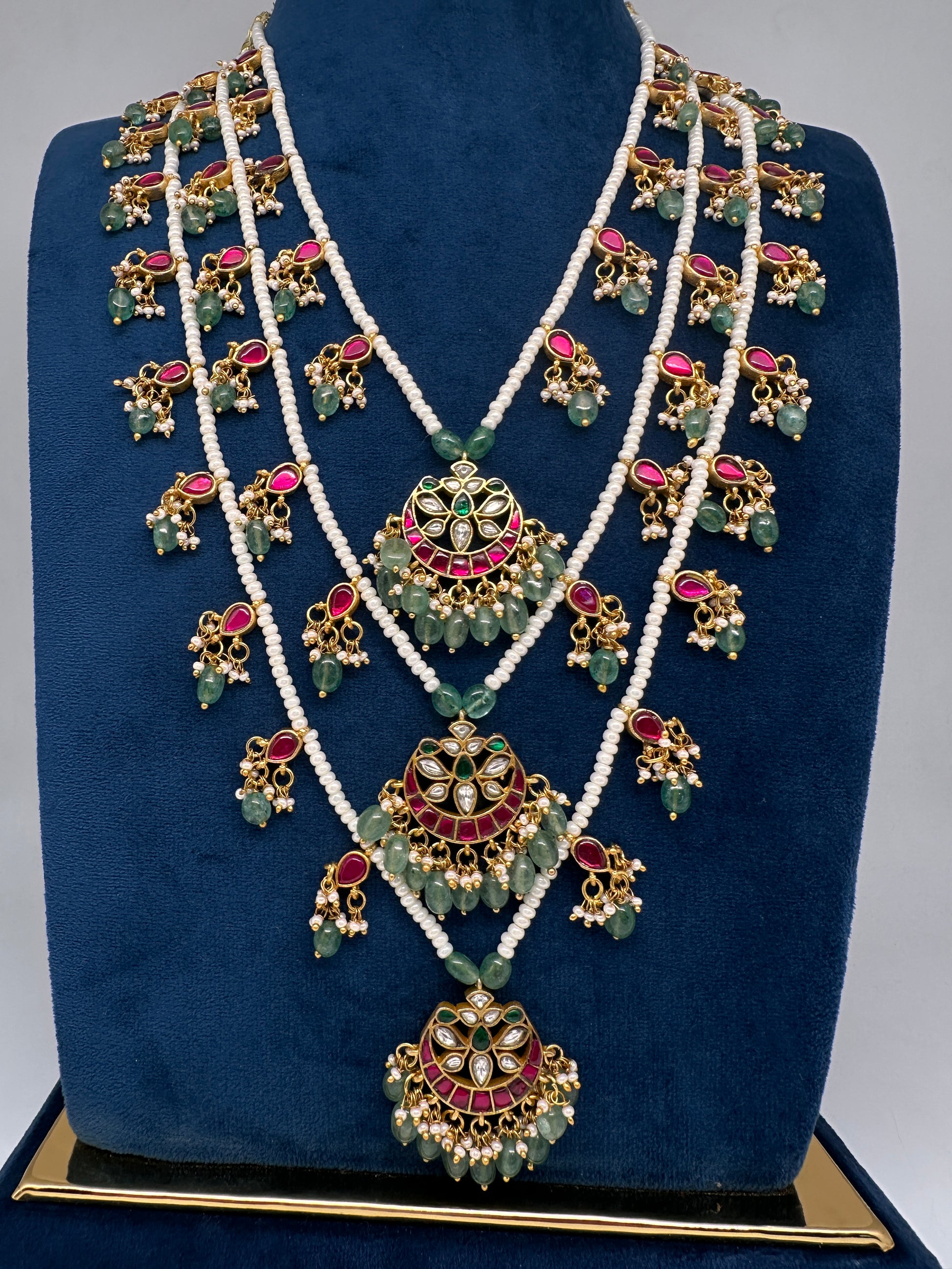 Jadau Kundan Floral Multi Layer Teen Lada Pearl Necklace - 