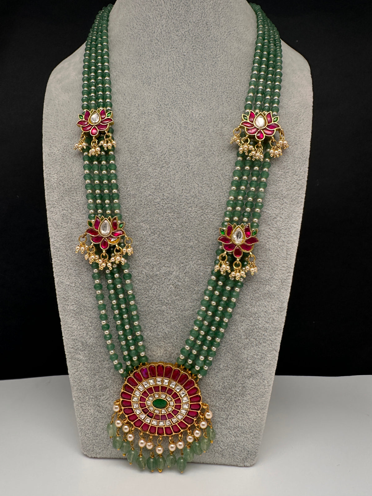 Jadau Kundan Floral Multi Layer Green Beads Long Necklace - 