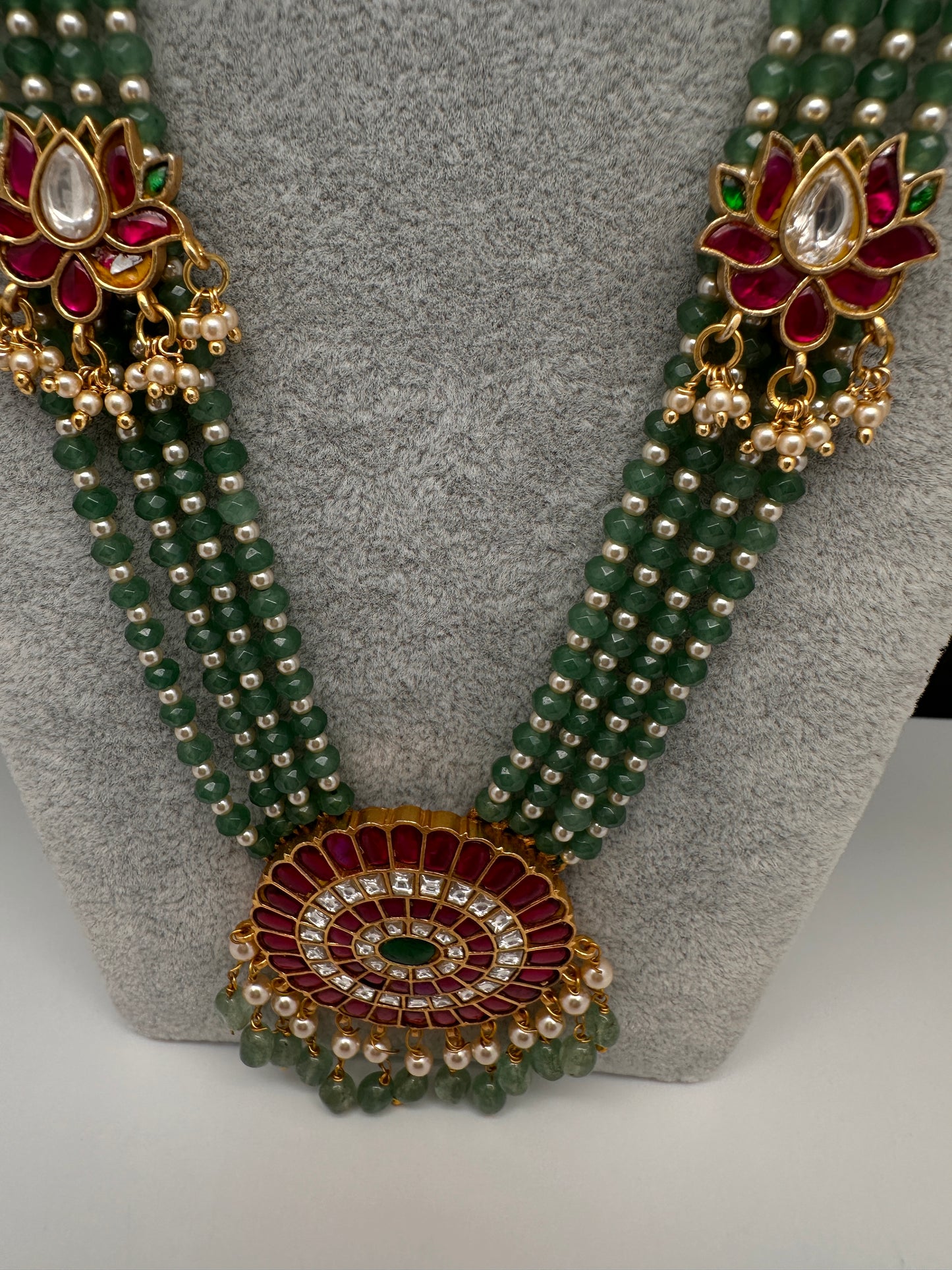 Jadau Kundan Floral Multi Layer Green Beads Long Necklace - 