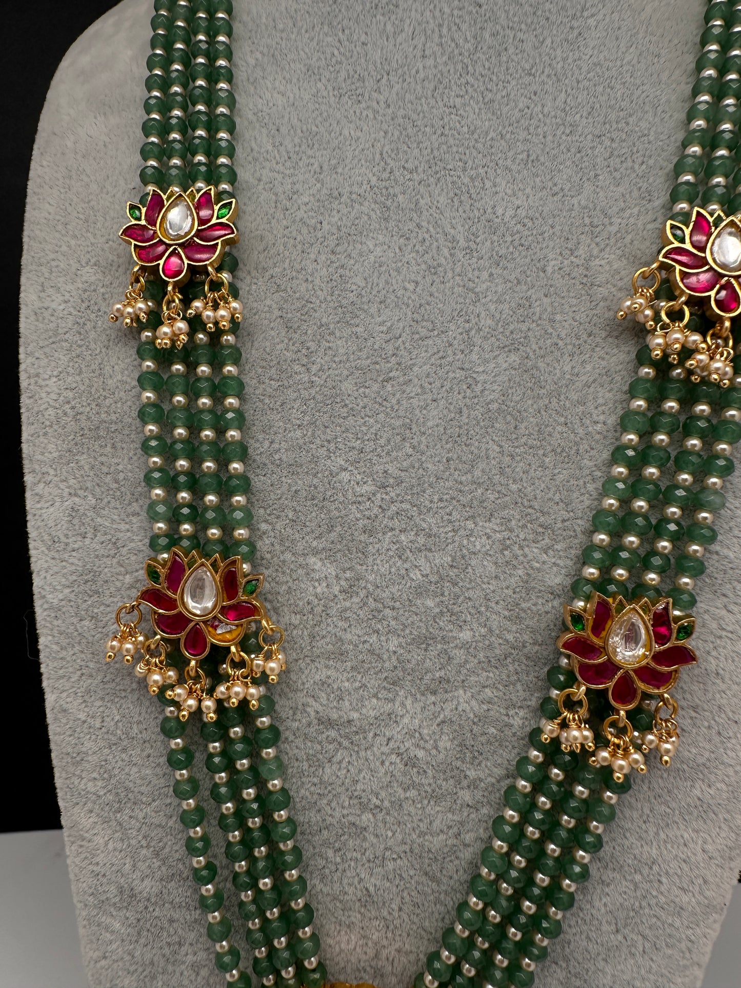 Jadau Kundan Floral Multi Layer Green Beads Long Necklace - 