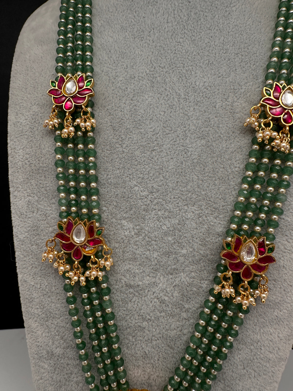 Jadau Kundan Floral Multi Layer Green Beads Long Necklace - 