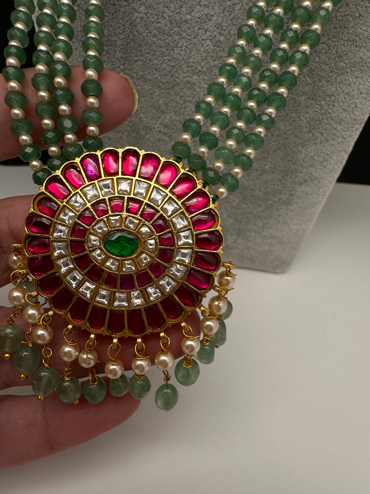 Jadau Kundan Floral Multi Layer Green Beads Long Necklace - 