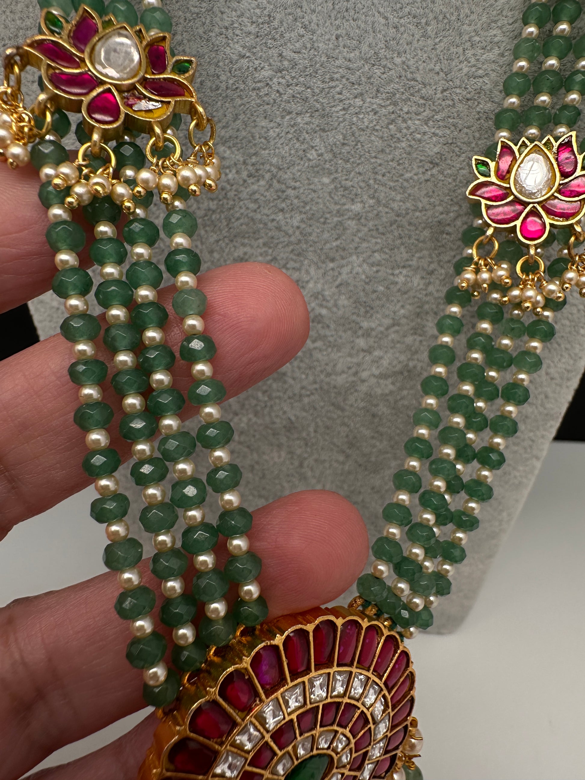 Jadau Kundan Floral Multi Layer Green Beads Long Necklace - 