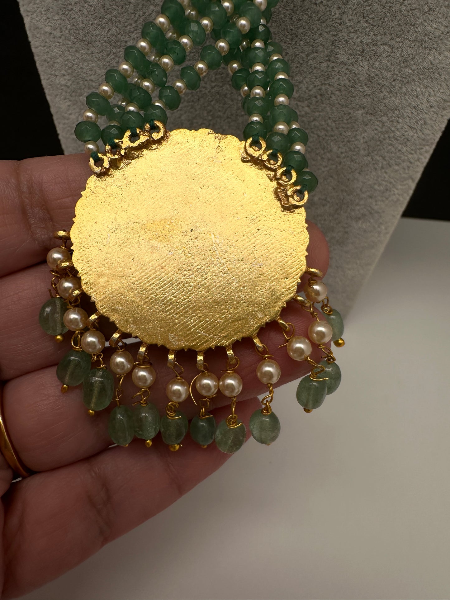Jadau Kundan Floral Multi Layer Green Beads Long Necklace - 