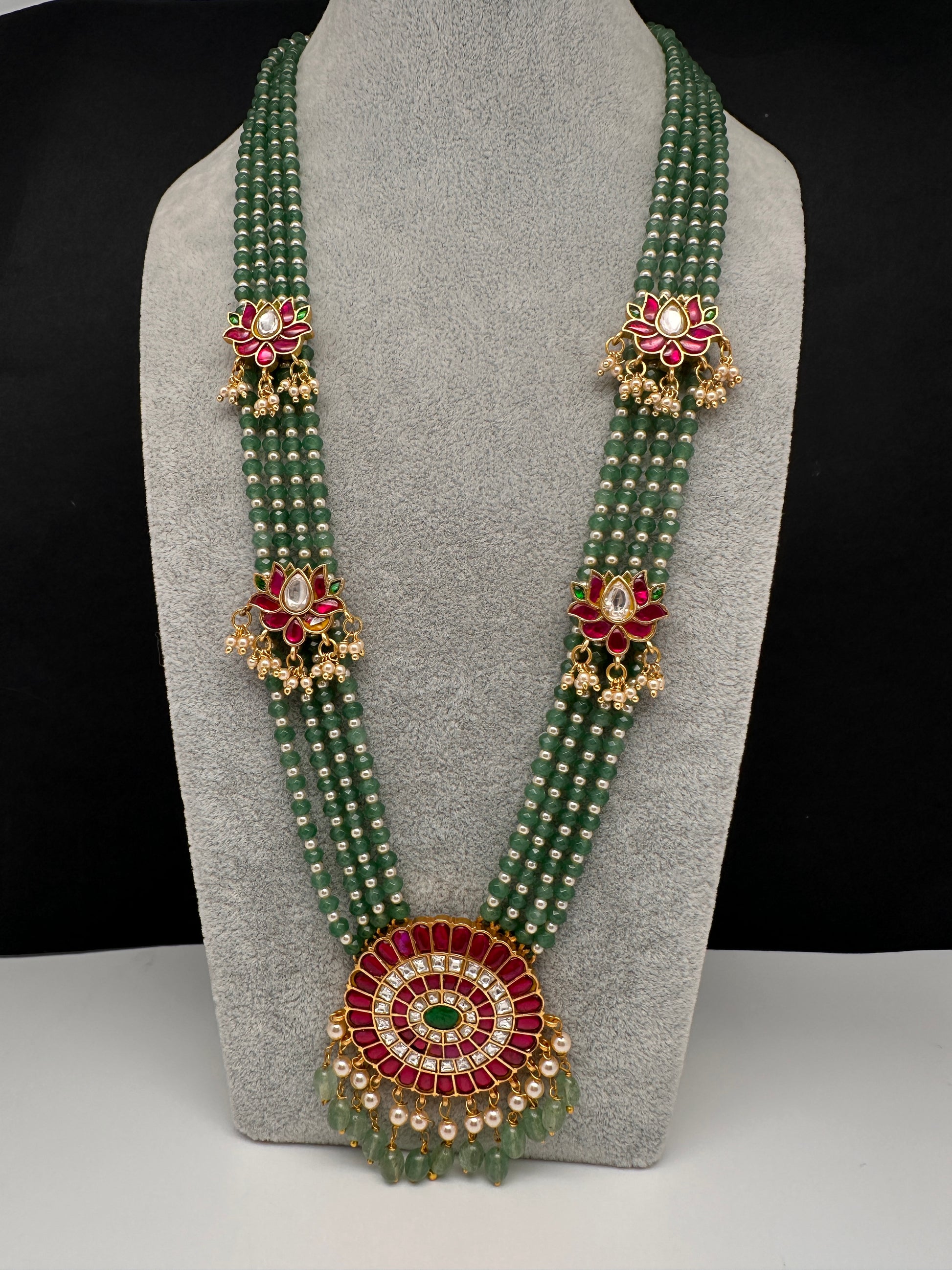 Jadau Kundan Floral Multi Layer Green Beads Long Necklace - 