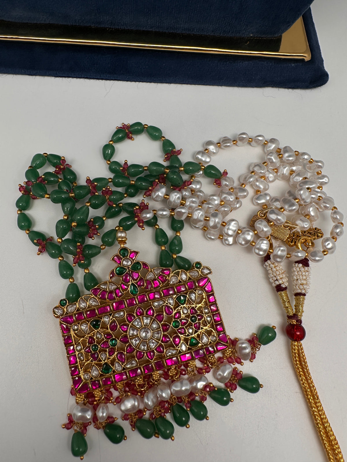 Jadau Kundan Floral Green Beads Long Necklace - 